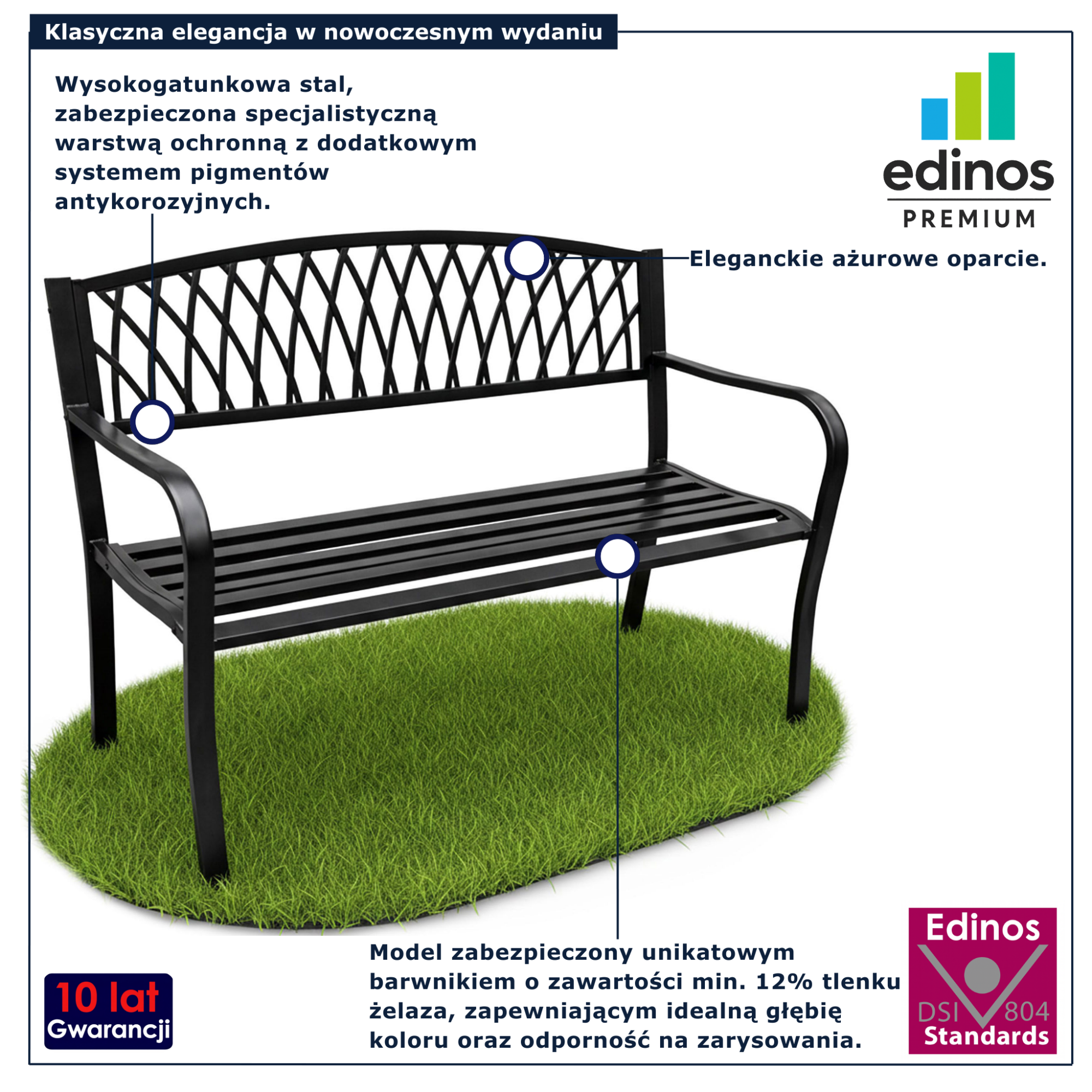 Czarna ławka ogrodowa z ażurowym oparciem Andizo 6X