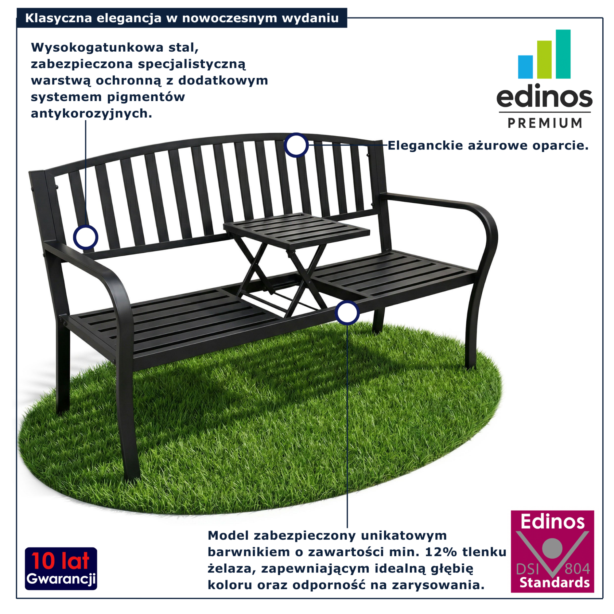 Nowoczesna metalowa ławka ogrodowa z ukrytym stolikiem Andizo 5X