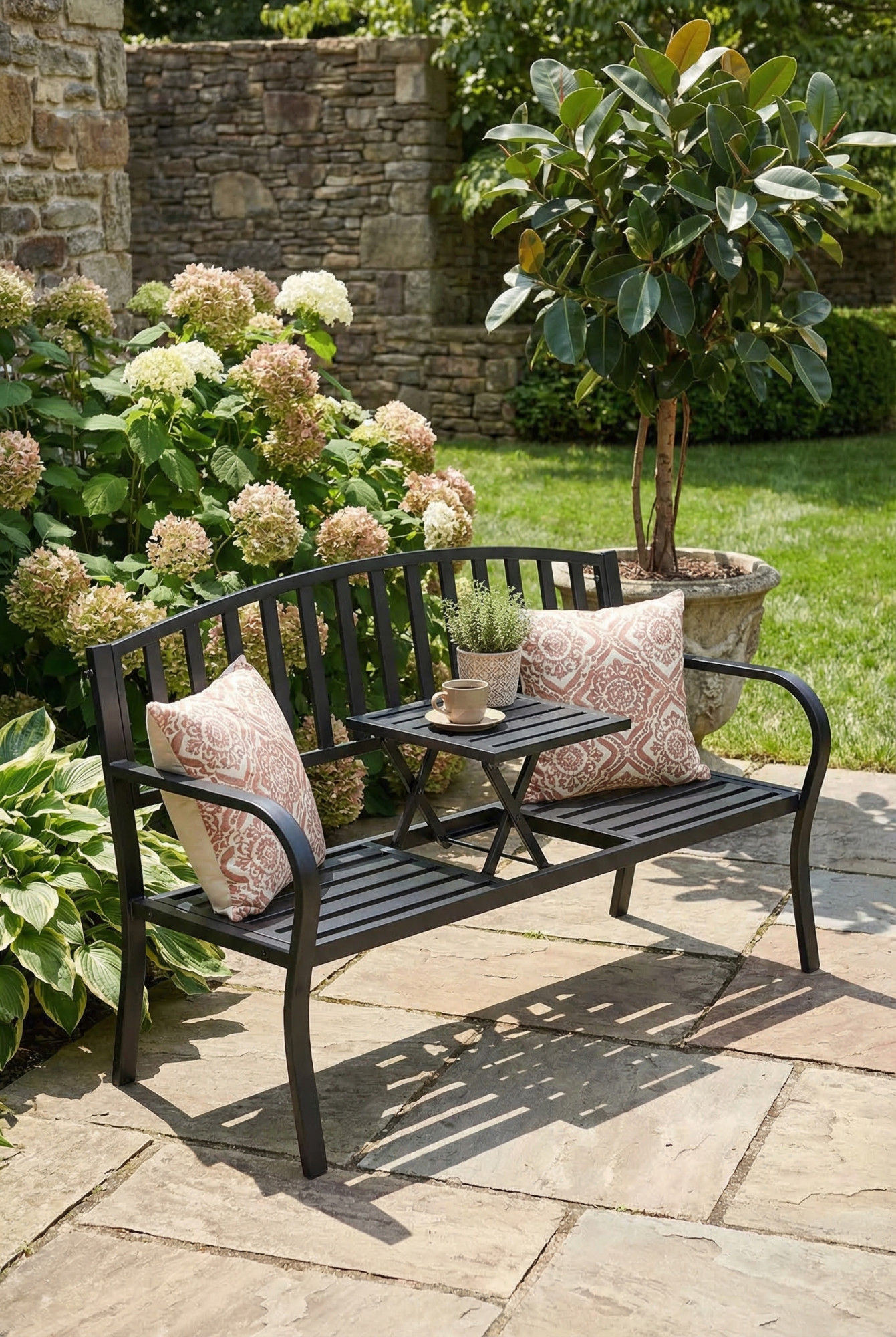 Czarna metalowa ławka parkowa z rozkładanym stoliczkiem Andizo 5X