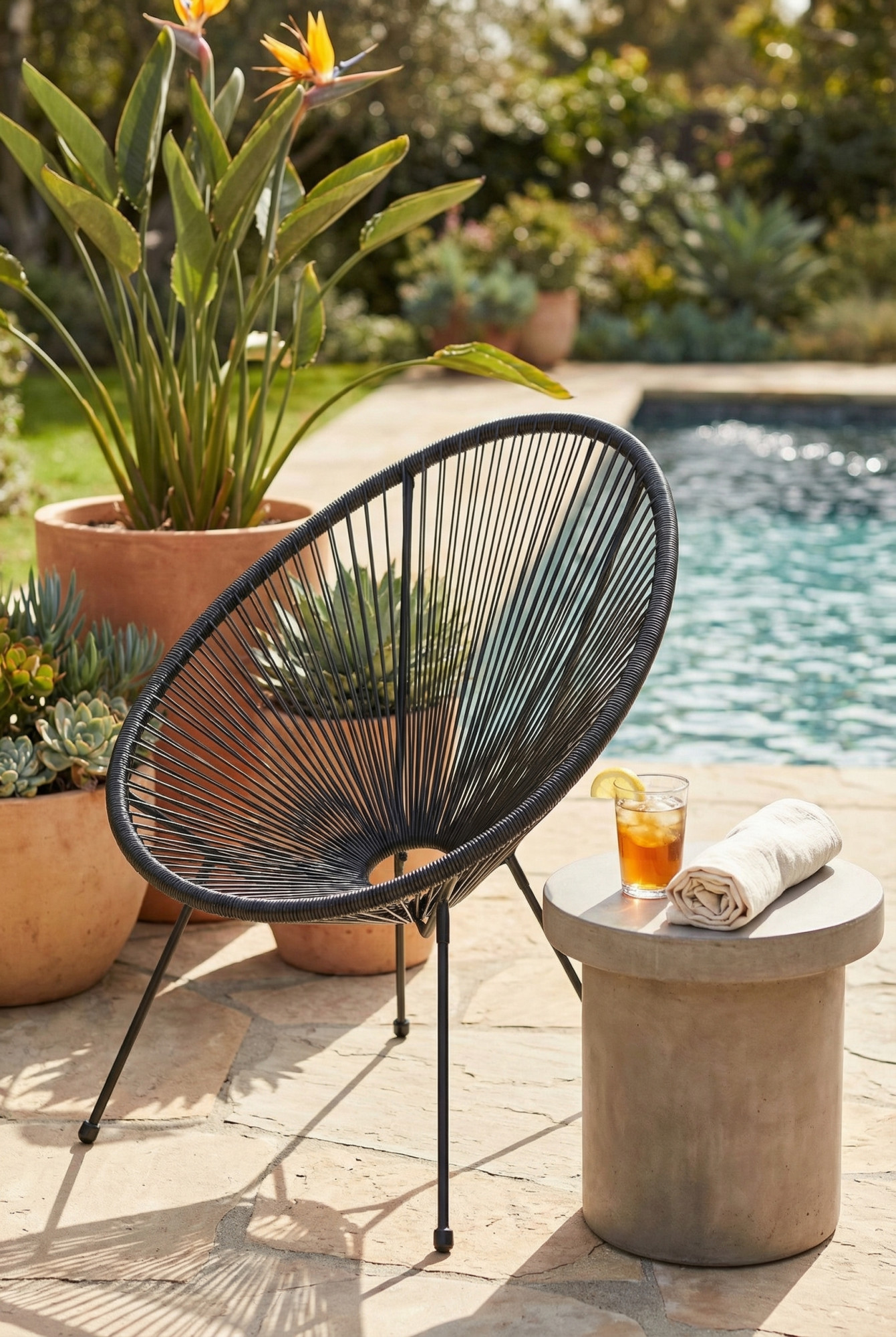 Ogród nowoczesny z wykorzystaniem czarnego krzesła Latios