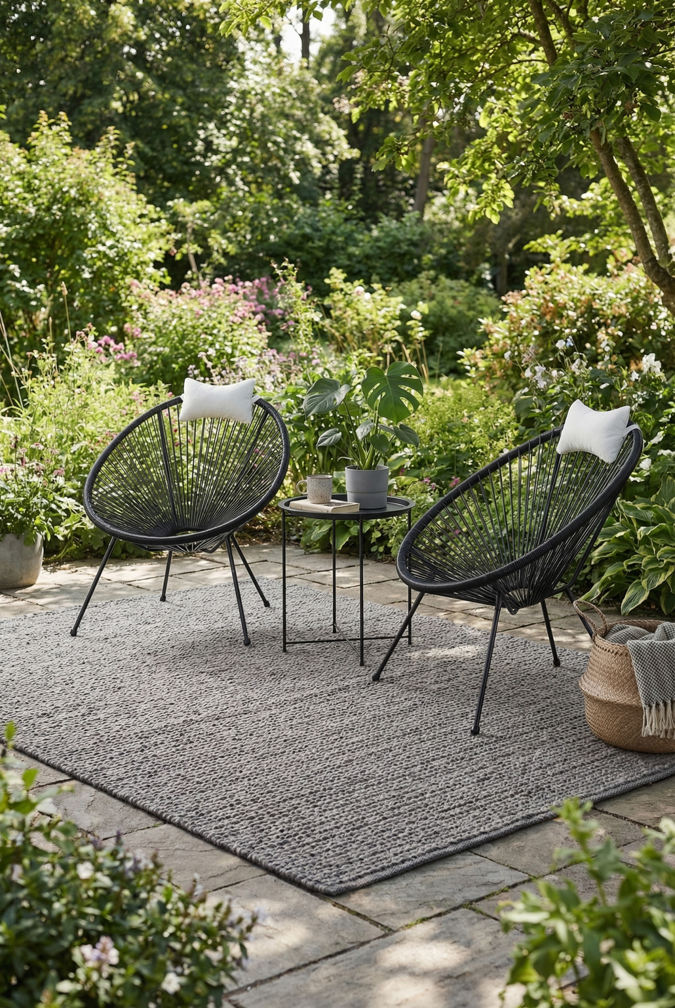 Taras ogrodowy z wykorzystaniem czarnego kompletu mebli ogrodowych acapulco Satios