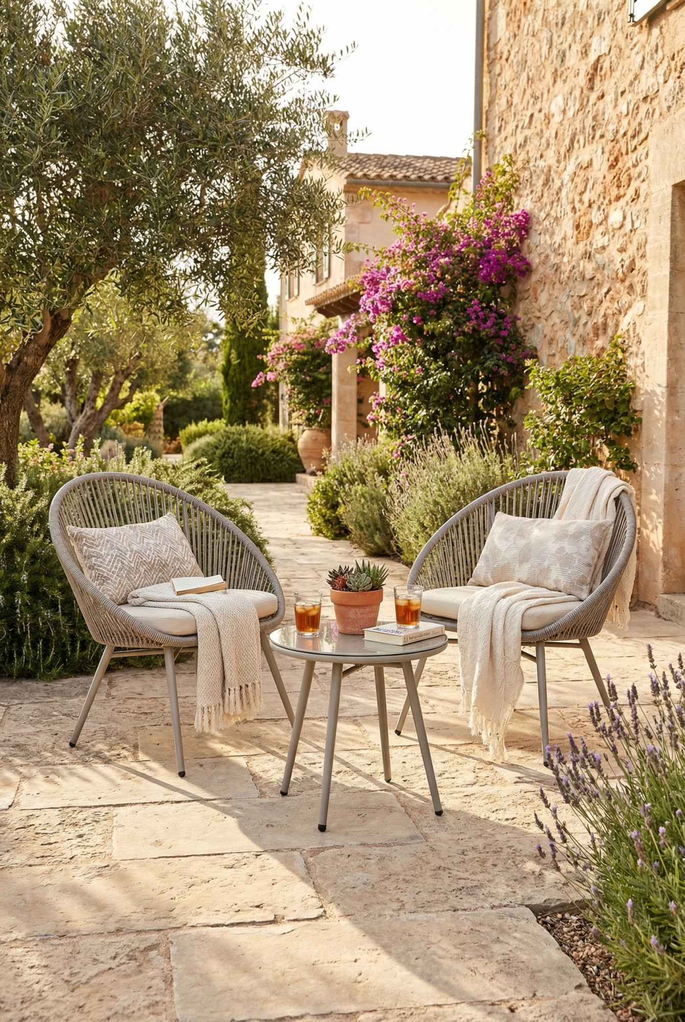 Ogród z wykorzystaniem beżowych krzeseł i stolika kawowego z zestawu Notioni