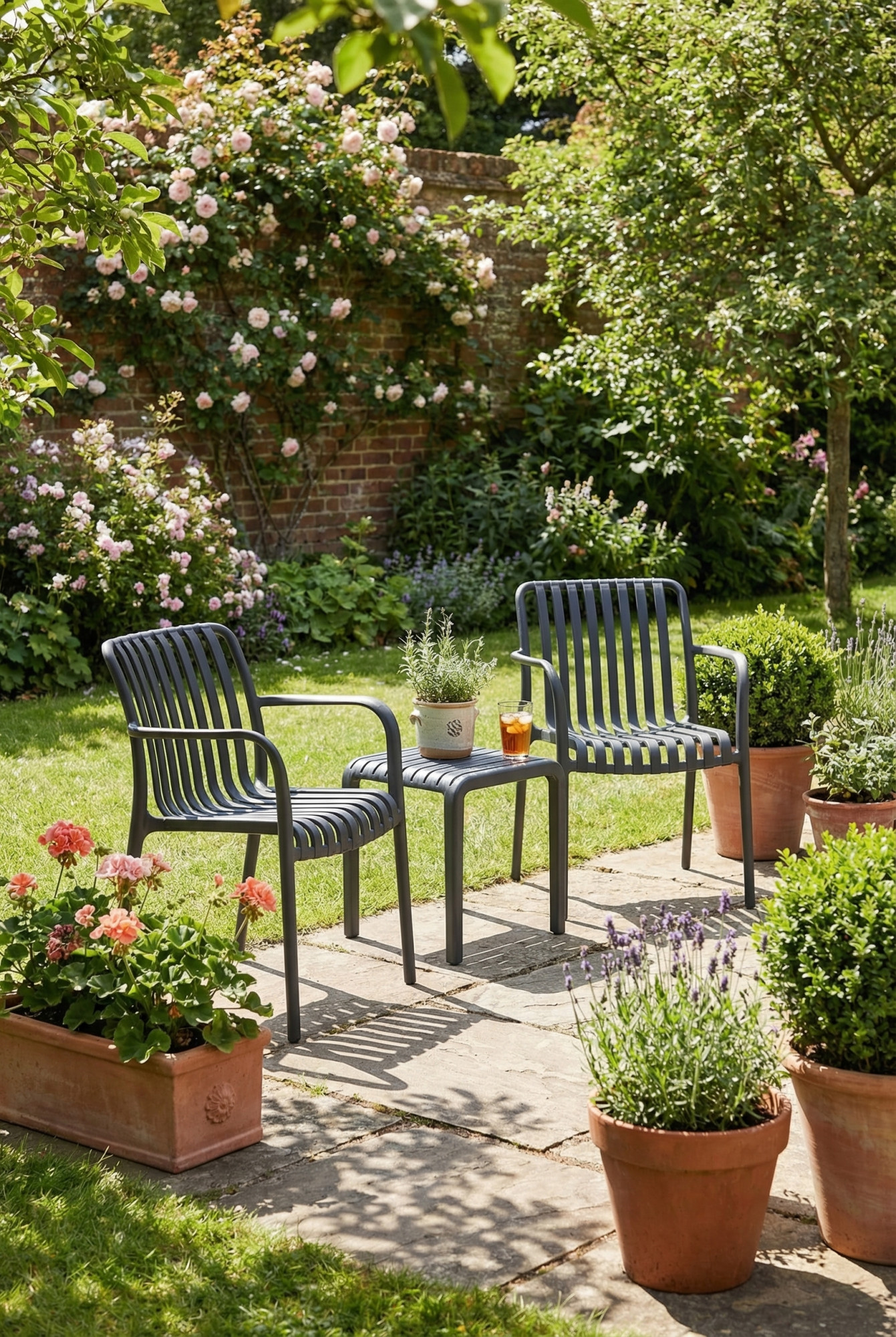 Czarny zestaw mebli ogrodowych Avioni w nowoczesnym ogrodzie