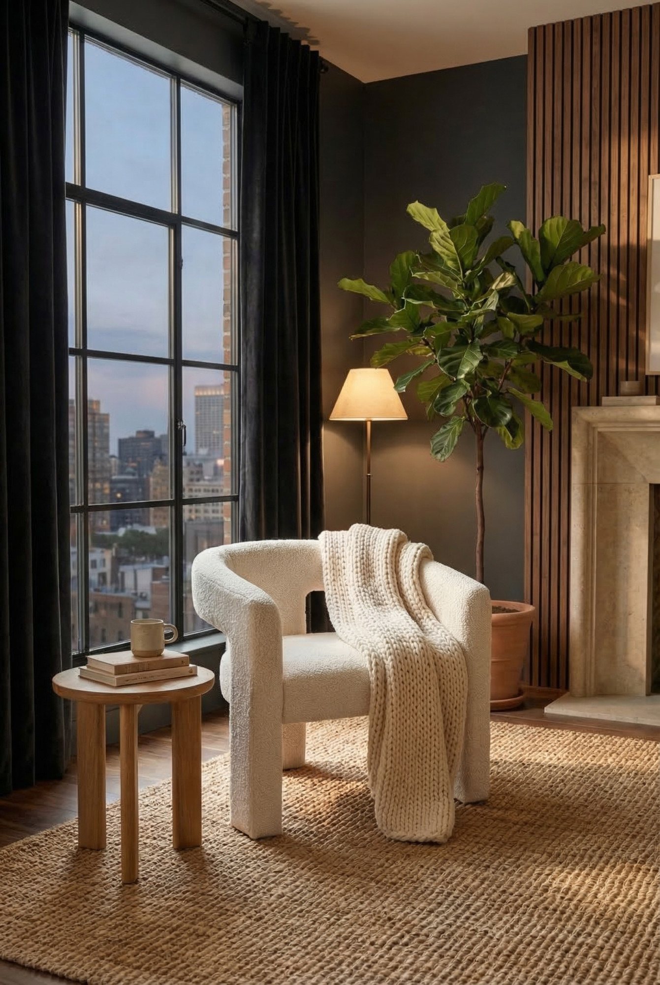 Salon z wykorzystaniem kremowego fotela boucle Lossie 4X