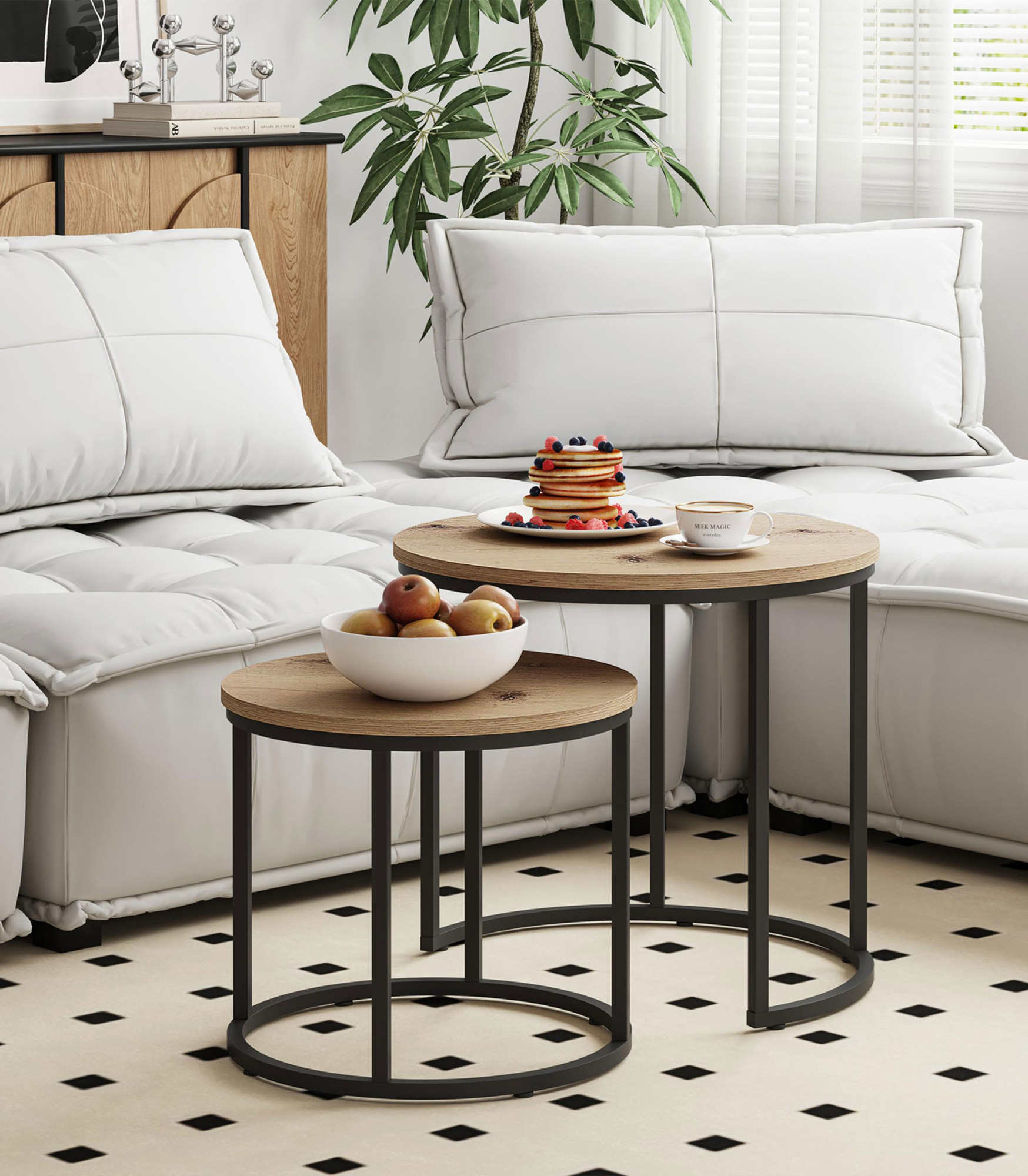 Aranżacja z wykorzystaniem kompletu okrągłych stolików kawowych 2w1 Tocador 12X