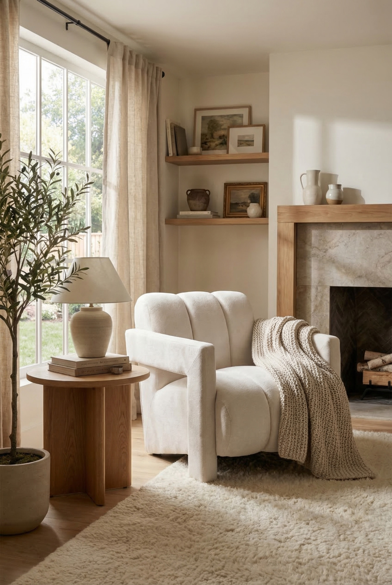 Kremowy fotel z podłokietnikami Anesoni 3X w nowoczesnym salonie