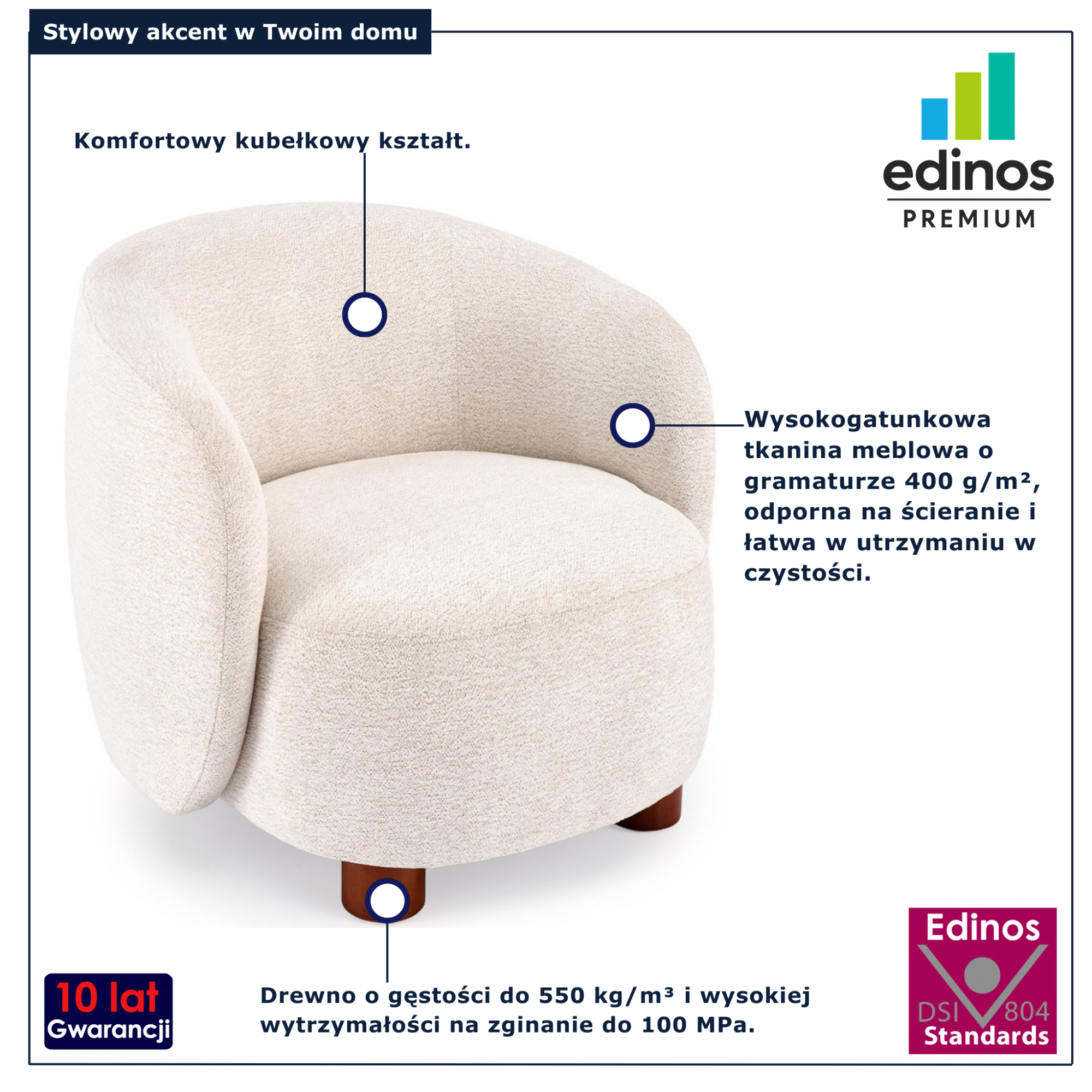 Kremowy fotel wypoczynkowy do salonu nowoczesnego Tekidi