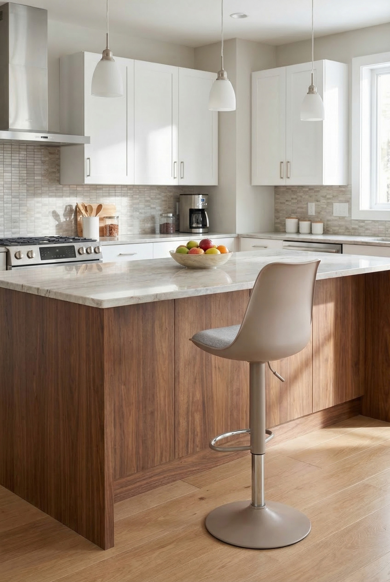 Wyspa kuchenna z wykorzystaniem beżowego hokera Fettini