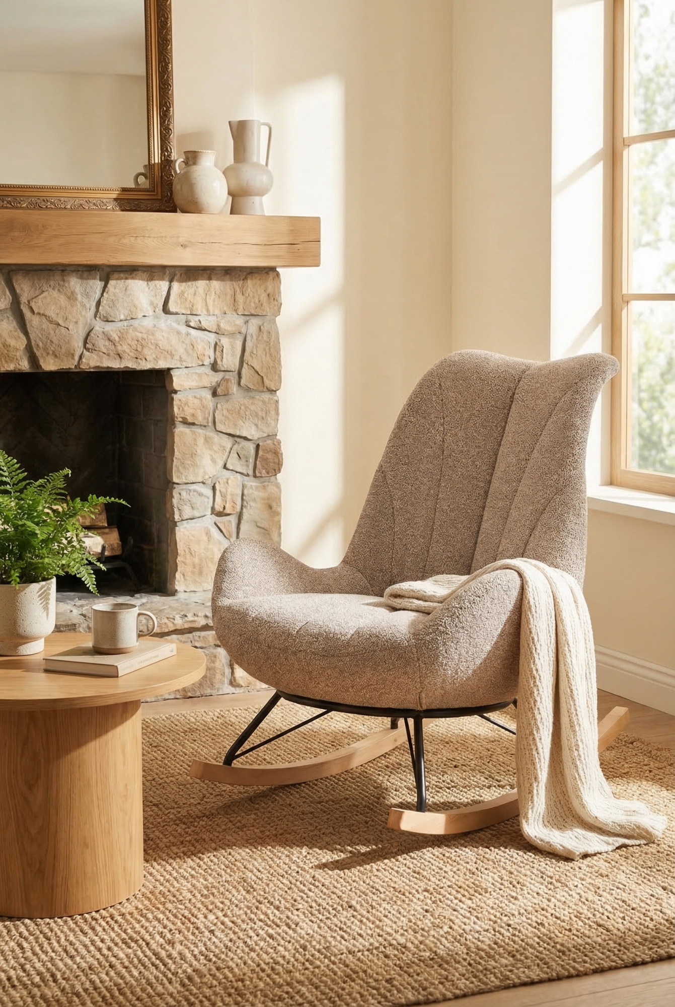 Przykładowa aranżacja z beżowym miękkim fotelem bujanym Arezia