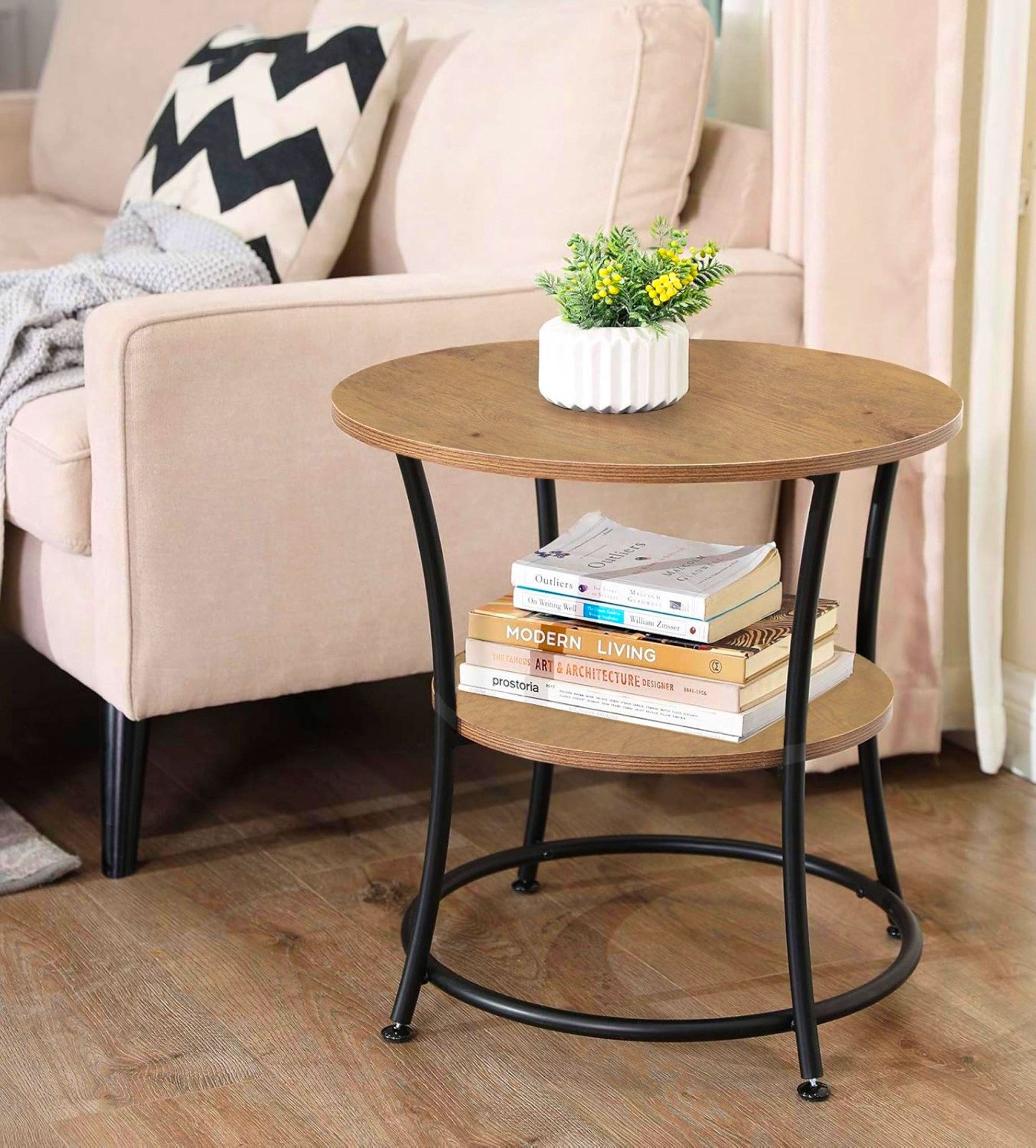 Okrągły stolik kawowy z półką Tocador 18X dąb artisan w nowoczesnym wnętrzu.