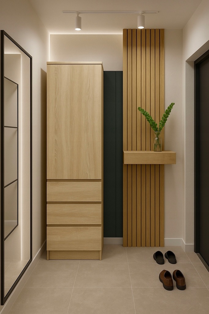 Aranżacja z wąską szafą z półkami i szufladami dąb sonoma Lusino