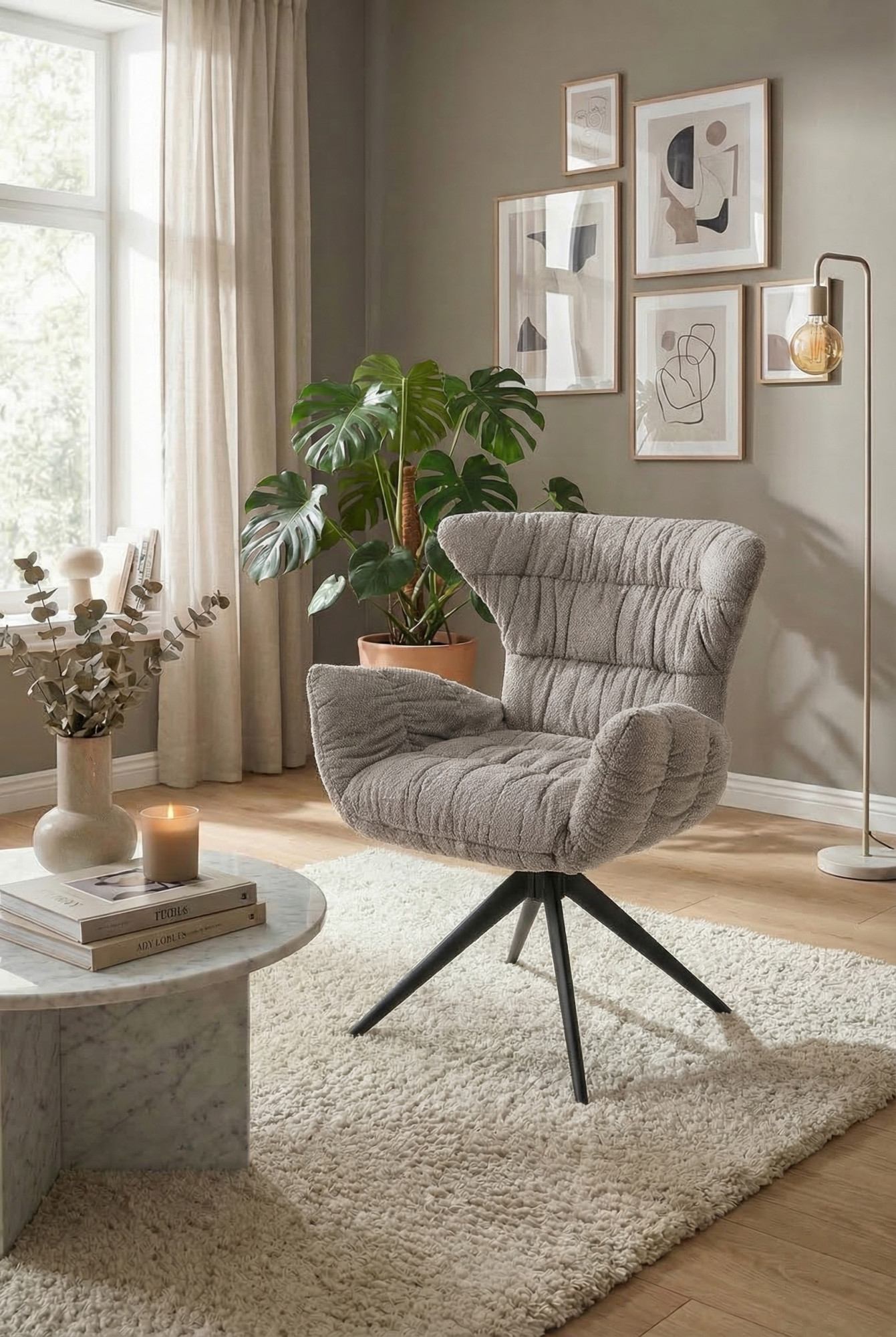 Wizualizacja salonu z obrotowym popielatym krzesłem Aeroni