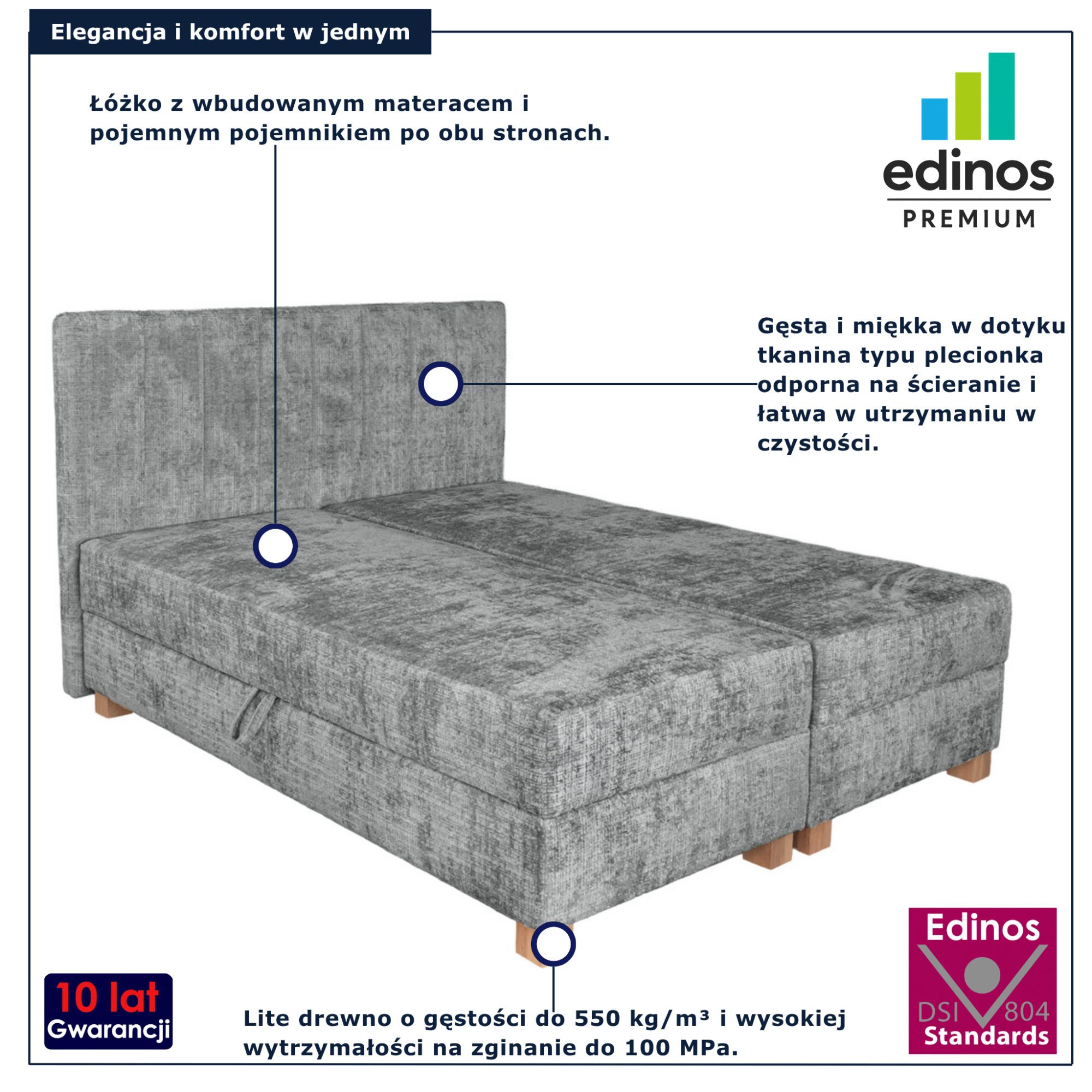 Szare tapicerowane łóżko z pojemnikiem Terioni