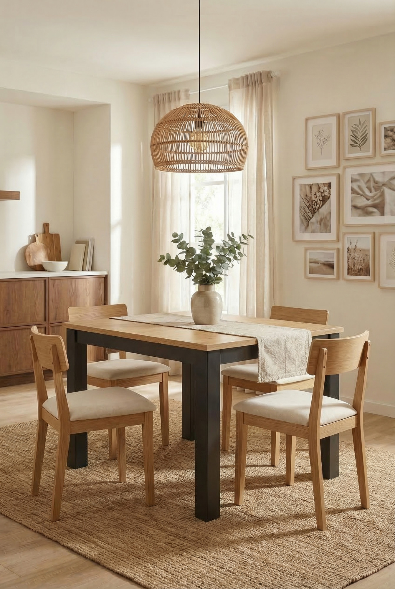 Wykorzystanie stołu prostokątnego Icadi dąb artisan + czarny w nowoczesnej jadalni