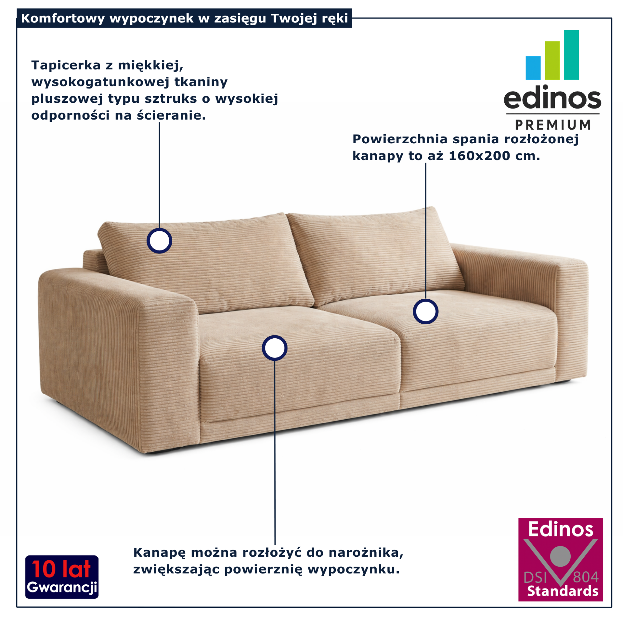 Beżowa sztruksowa kanapa do salonu nowoczesnego Dierra