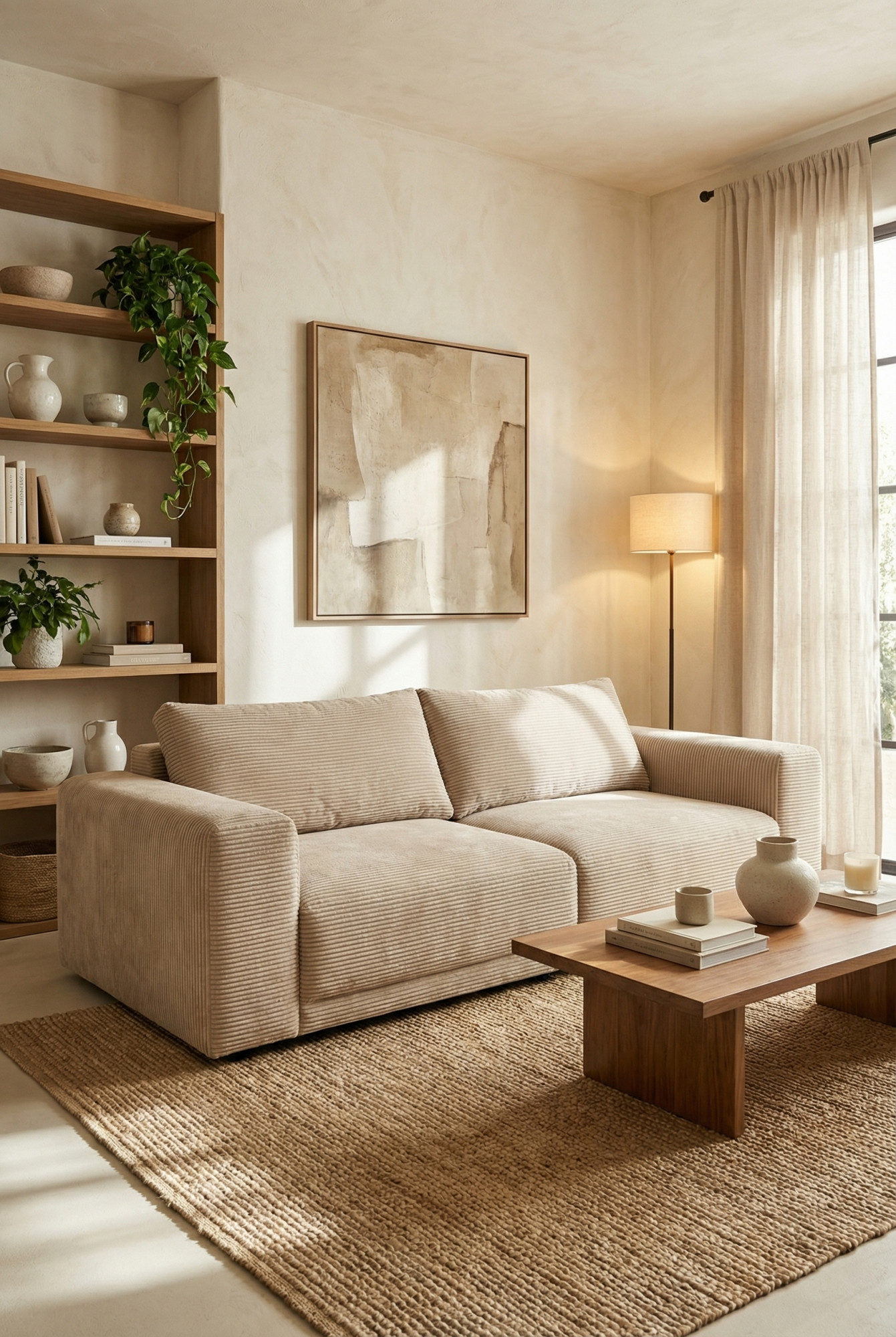 Nowoczesny salon z wykorzystaniem beżowej kanapy z funkcją narożnika Dierra