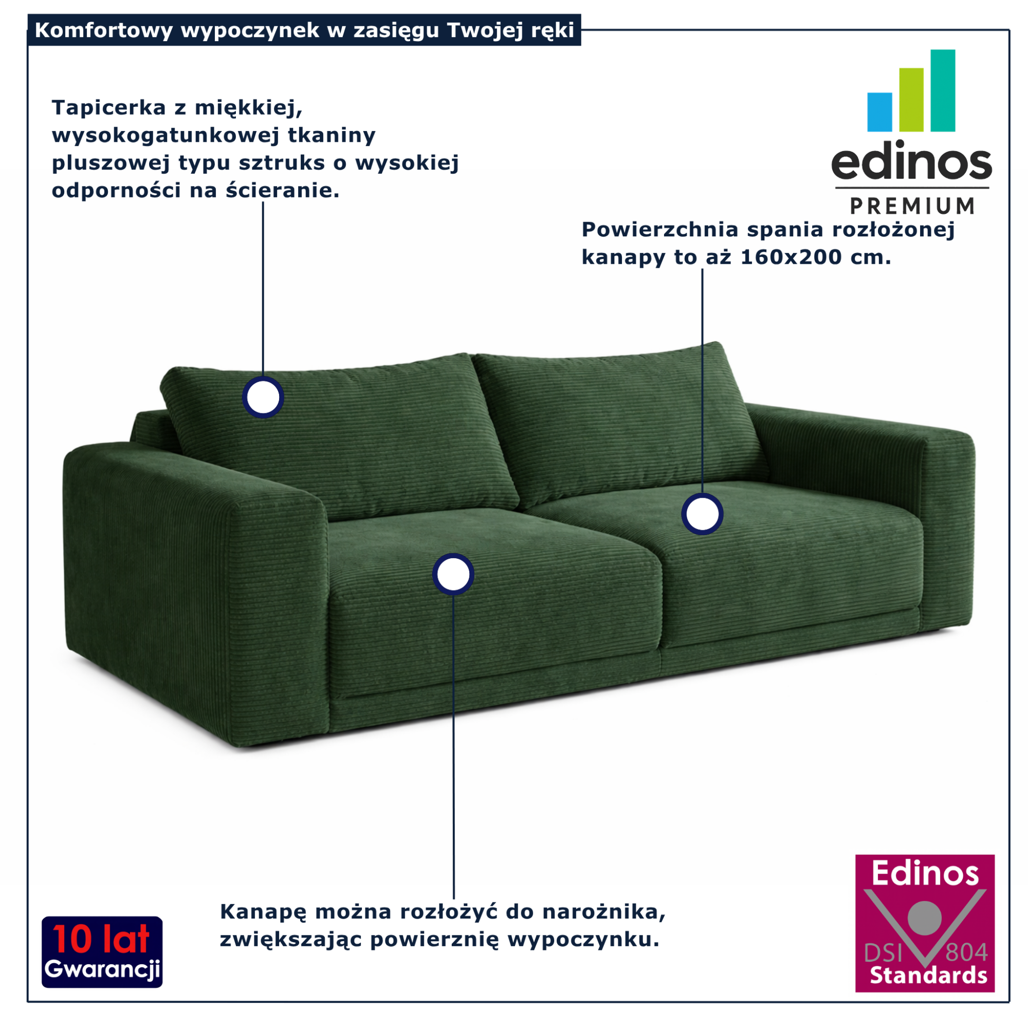 Sztruksowa kanapa do salonu nowoczesnego Dierra butelkowa zieleń