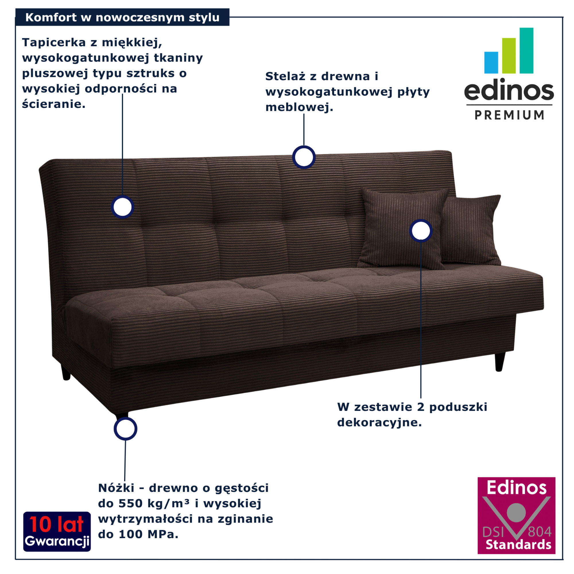 Brązowa sztruksowa wersalka w stylu skandynawskim Garitia