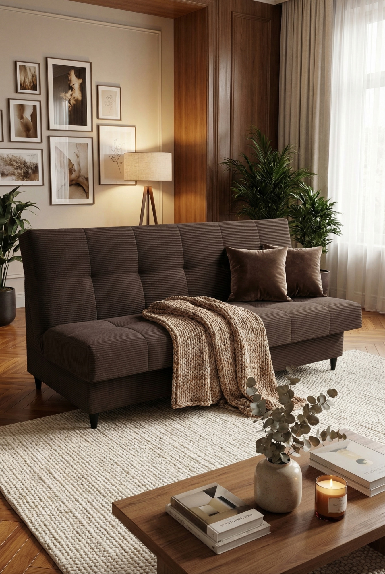 Wizualizacja wnętrza z brązową wersalką Garitia