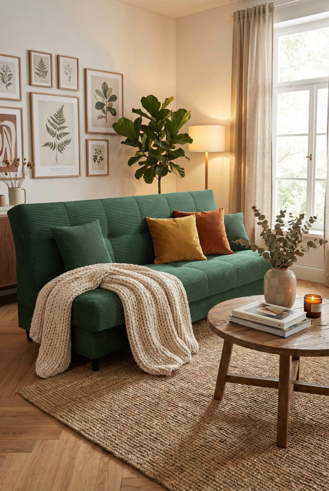 Salon skandynawski z zieloną wersalką Garitia