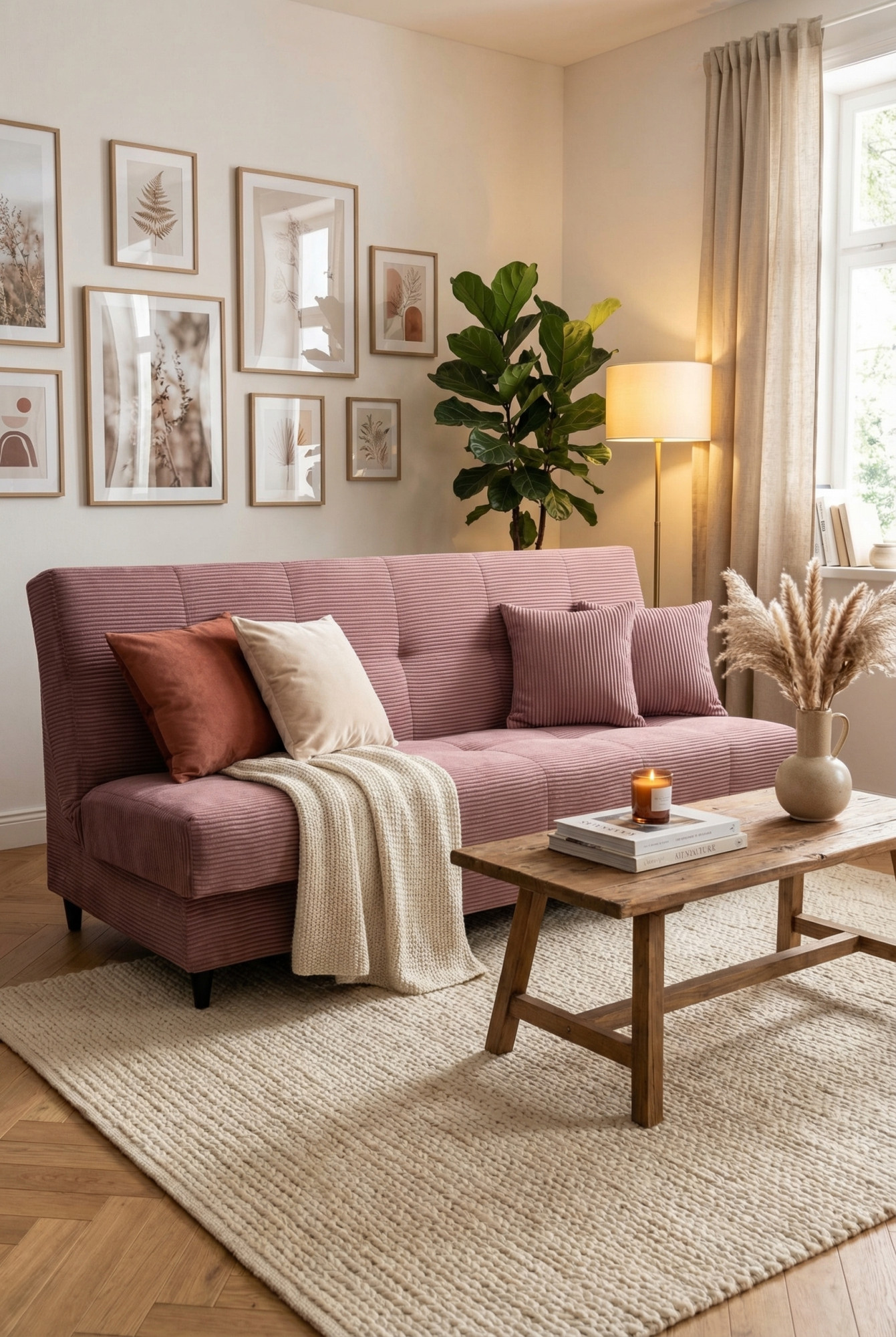 Salon skandynawski z różową wersalką Garitia