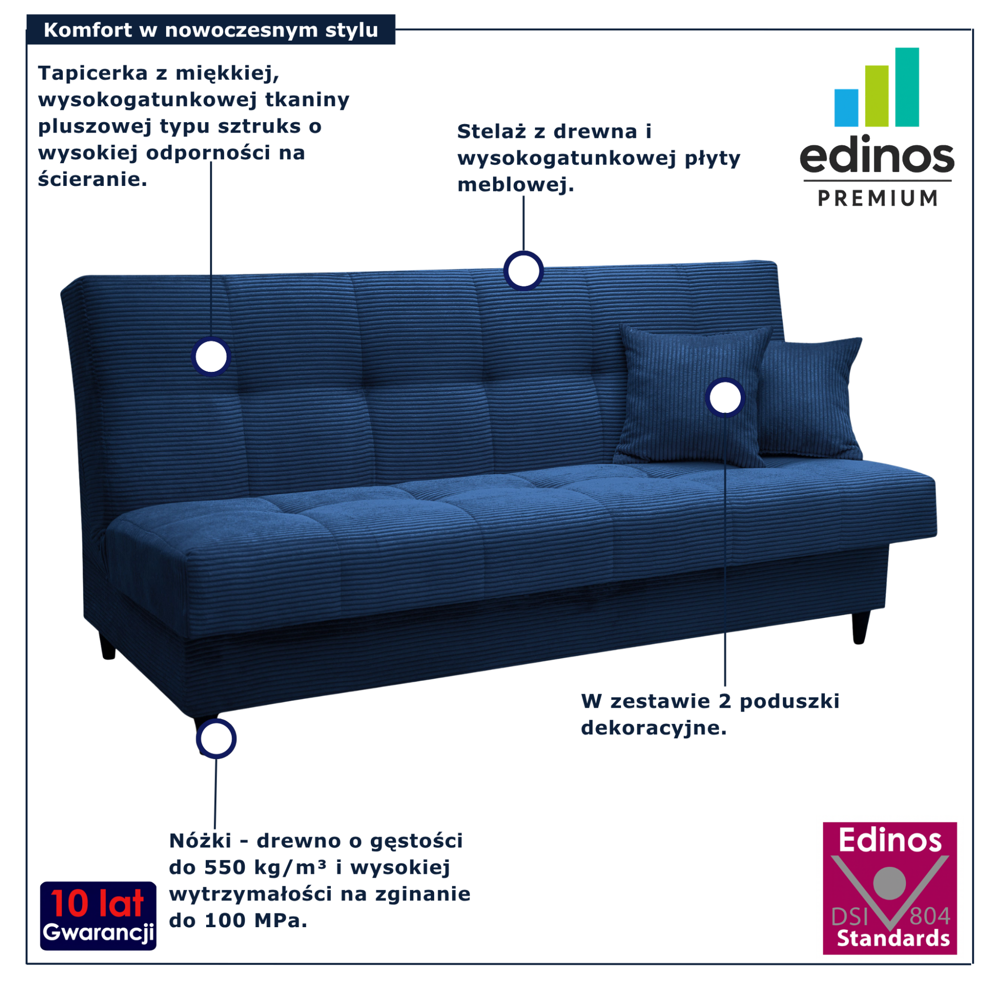 Kobaltowa wersalka w stylu skandynawskim Garitia