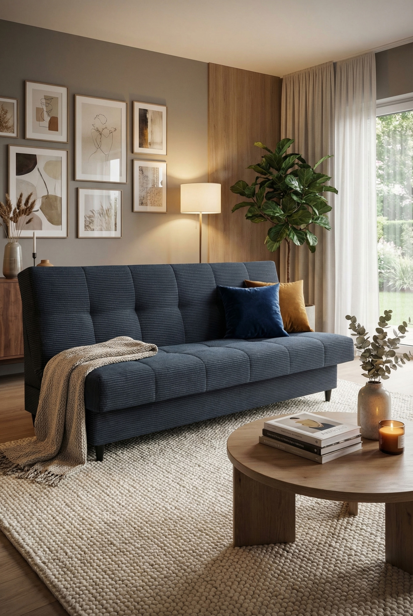 Wizualizacja salonu z ciemnoszarą wersalką Garitia