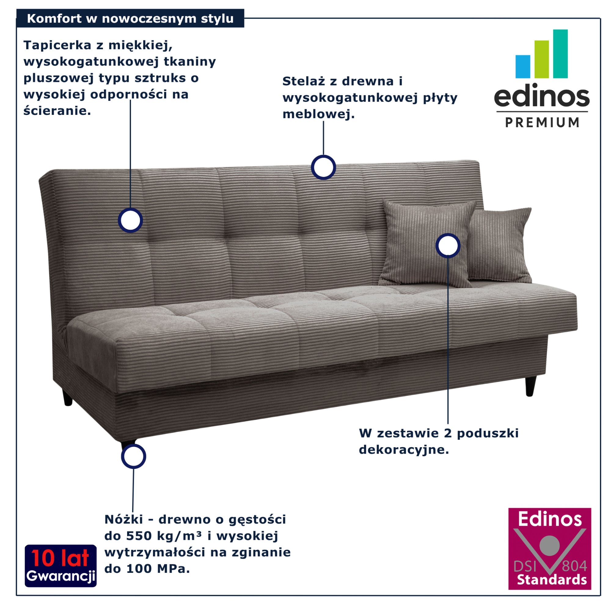 Jasnoszara sztruksowa wersalka rozkładana w stylu skandynawskim Garitia