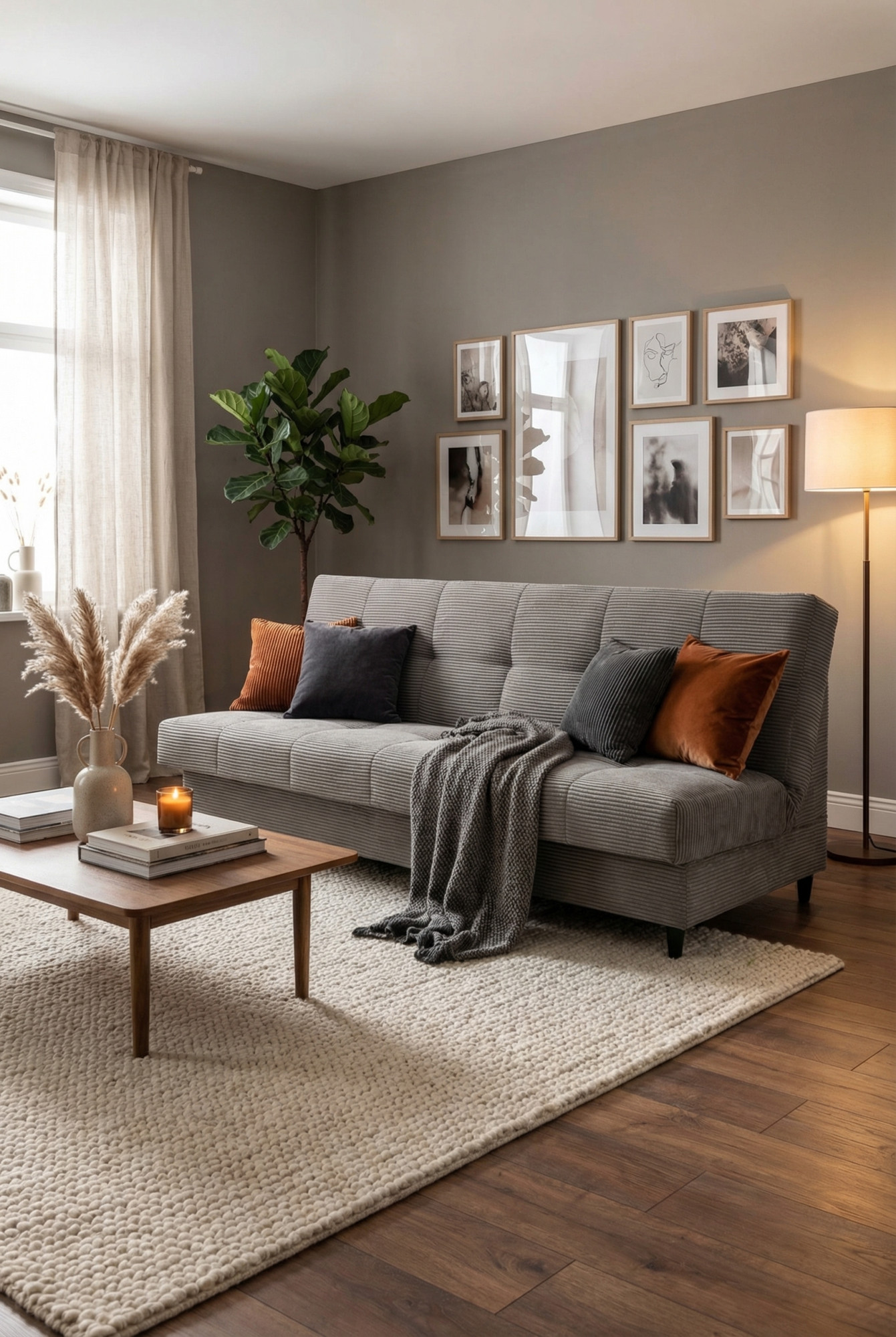 Przykładowe wykorzystanie jasnoszarej wersalki Garitia w nowoczesnym salonie