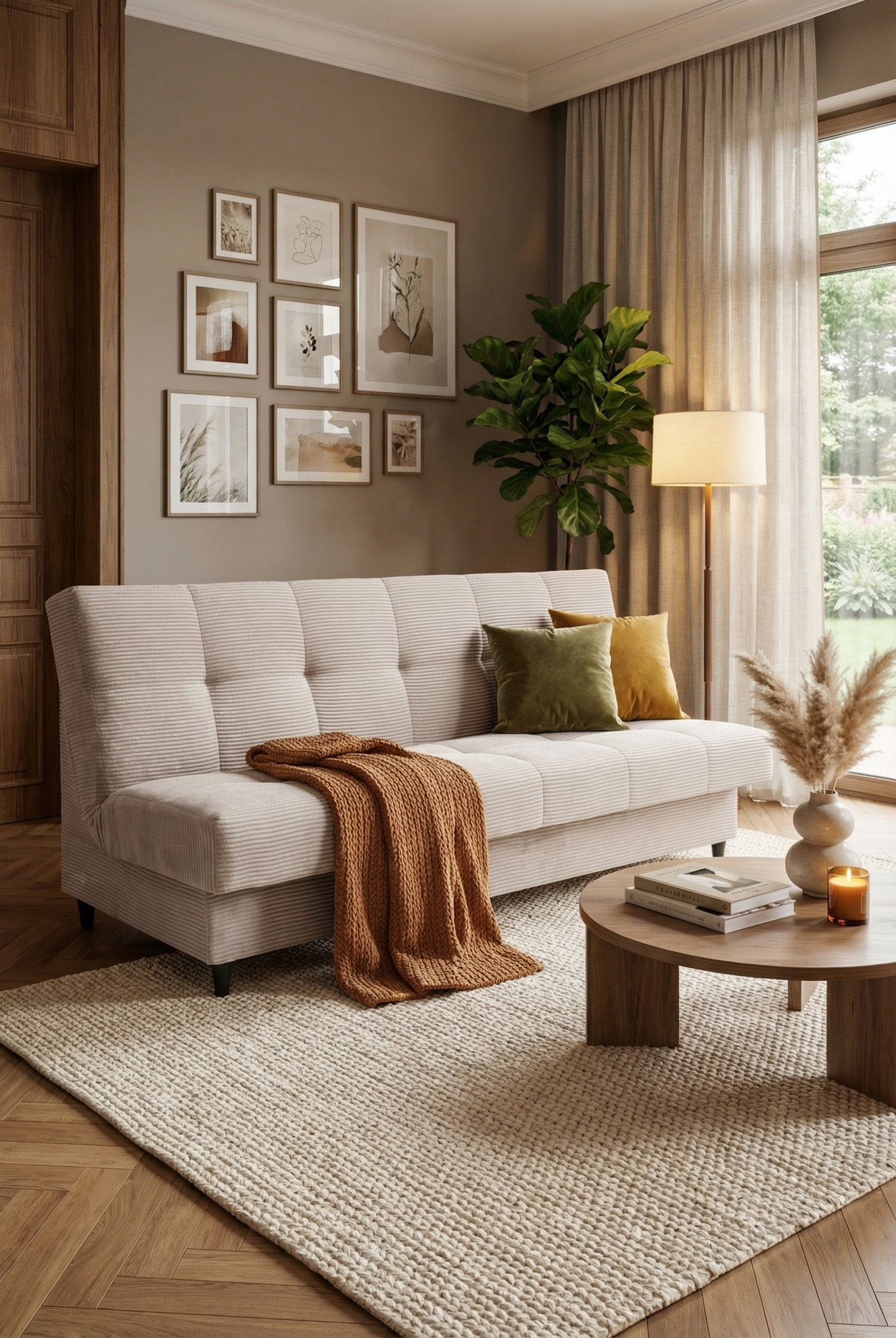 Kremowa wersalka Garitia wykorzystana w nowoczesnym salonie