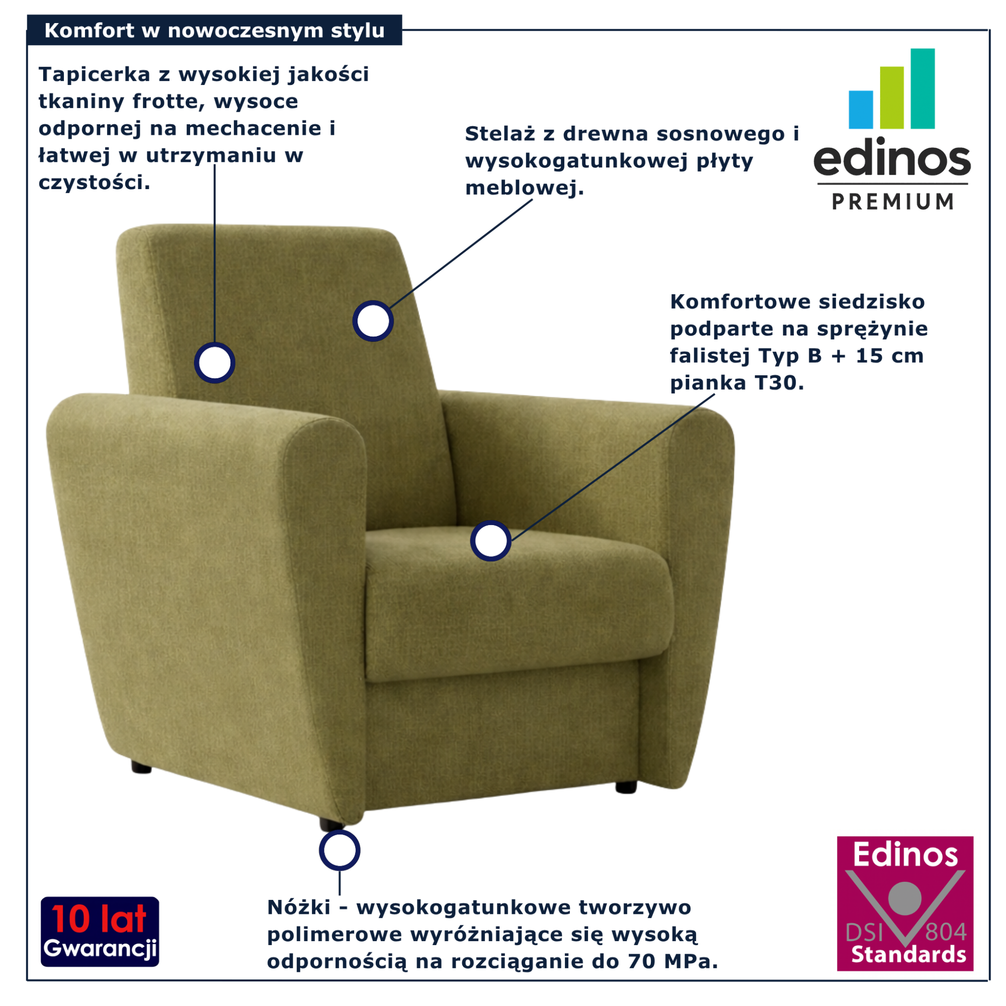 Oliwkowy fotel wypoczynkowy do salonu Regisso