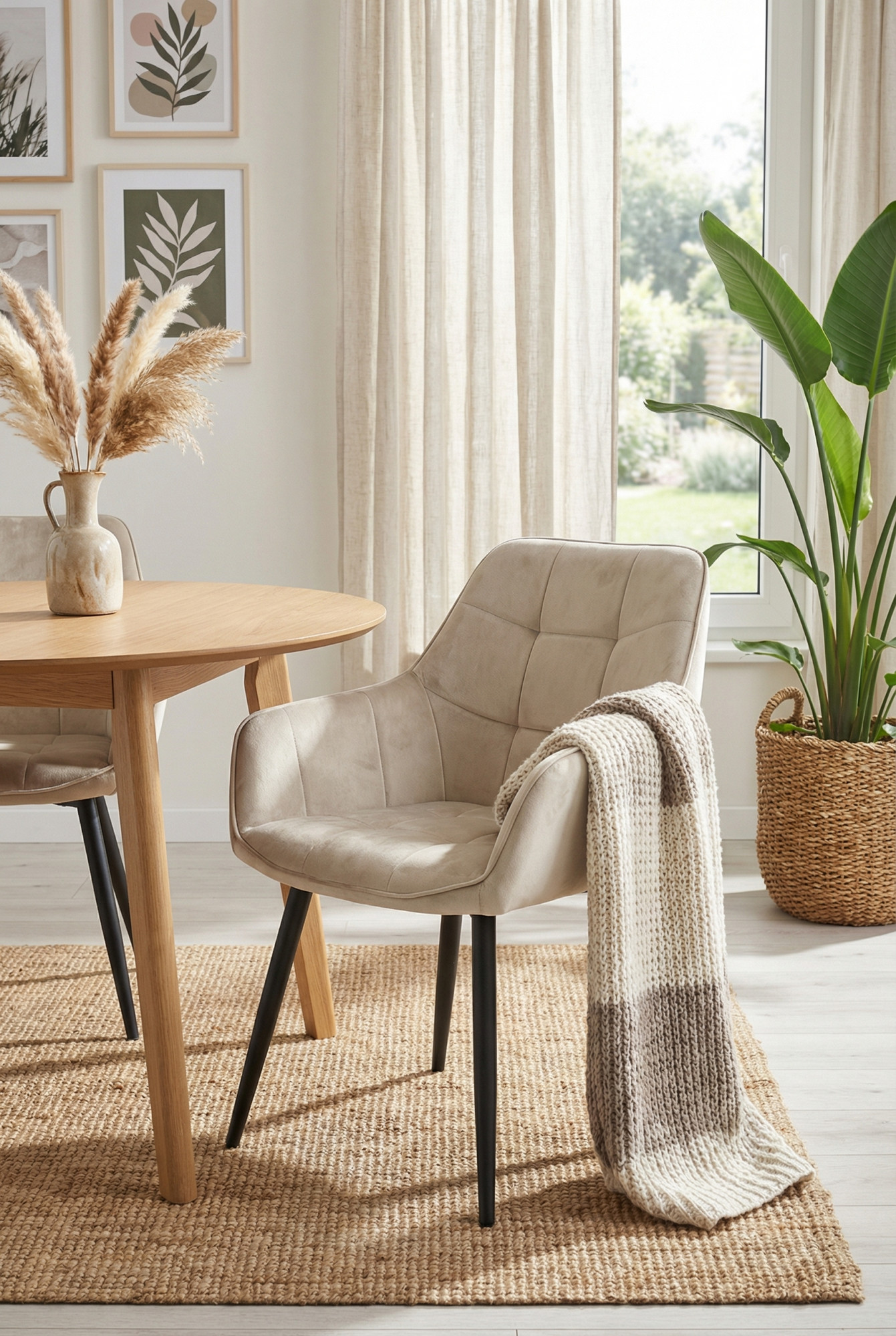 Jasnobeżowe krzesło tapicerowane welurem Serimi w nowoczesnym salonie