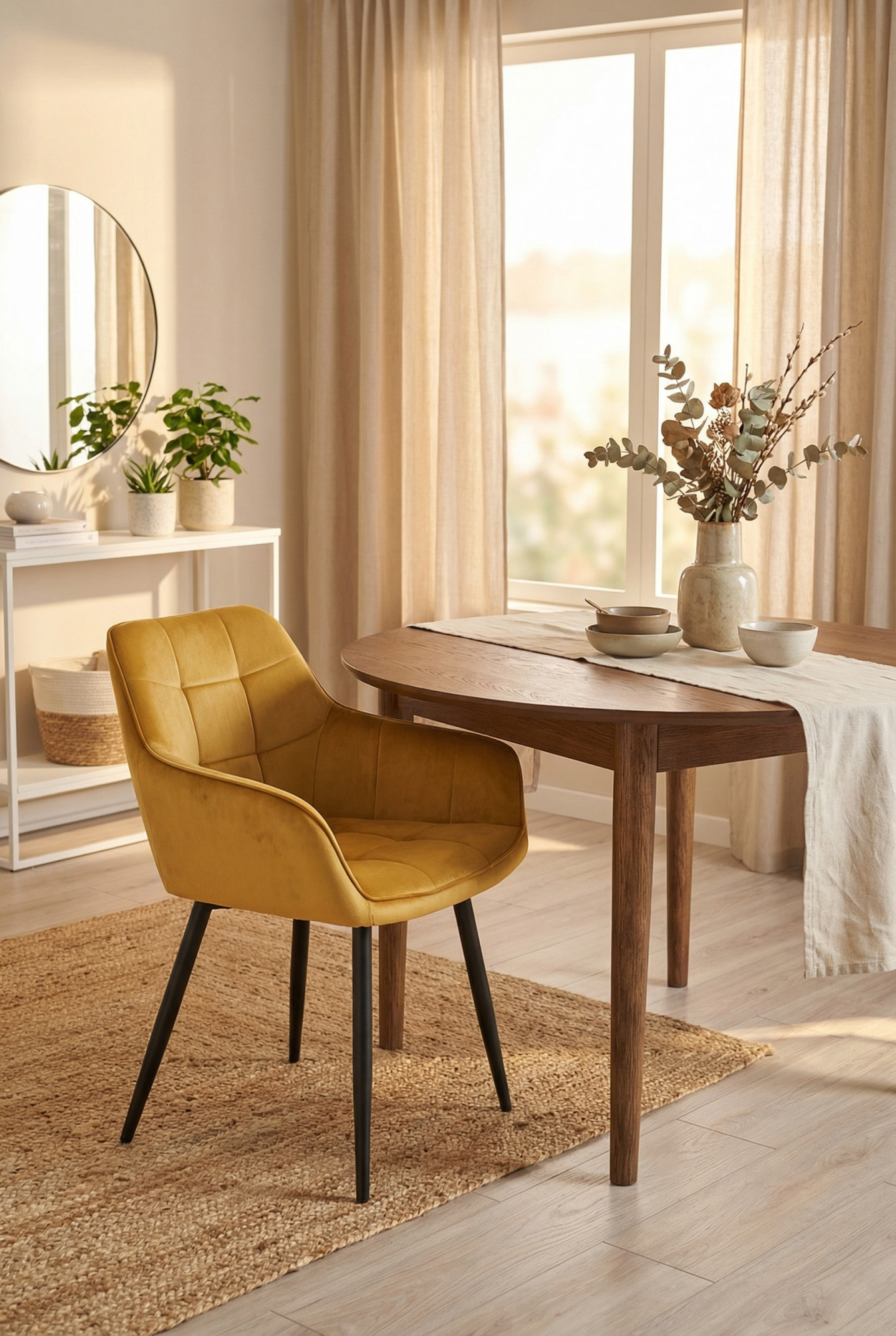 Wnętrze z welurowym krzesłem na czarnych nogach Serimi curry