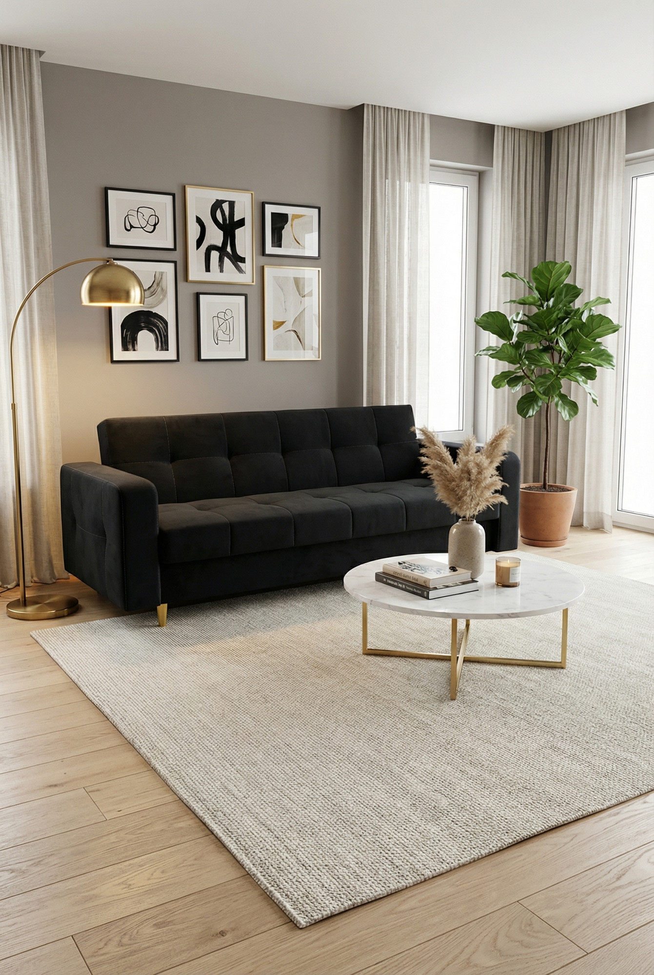 Aranżacja w salonie z wykorzystaniem czarnej wersalki Pomiroz