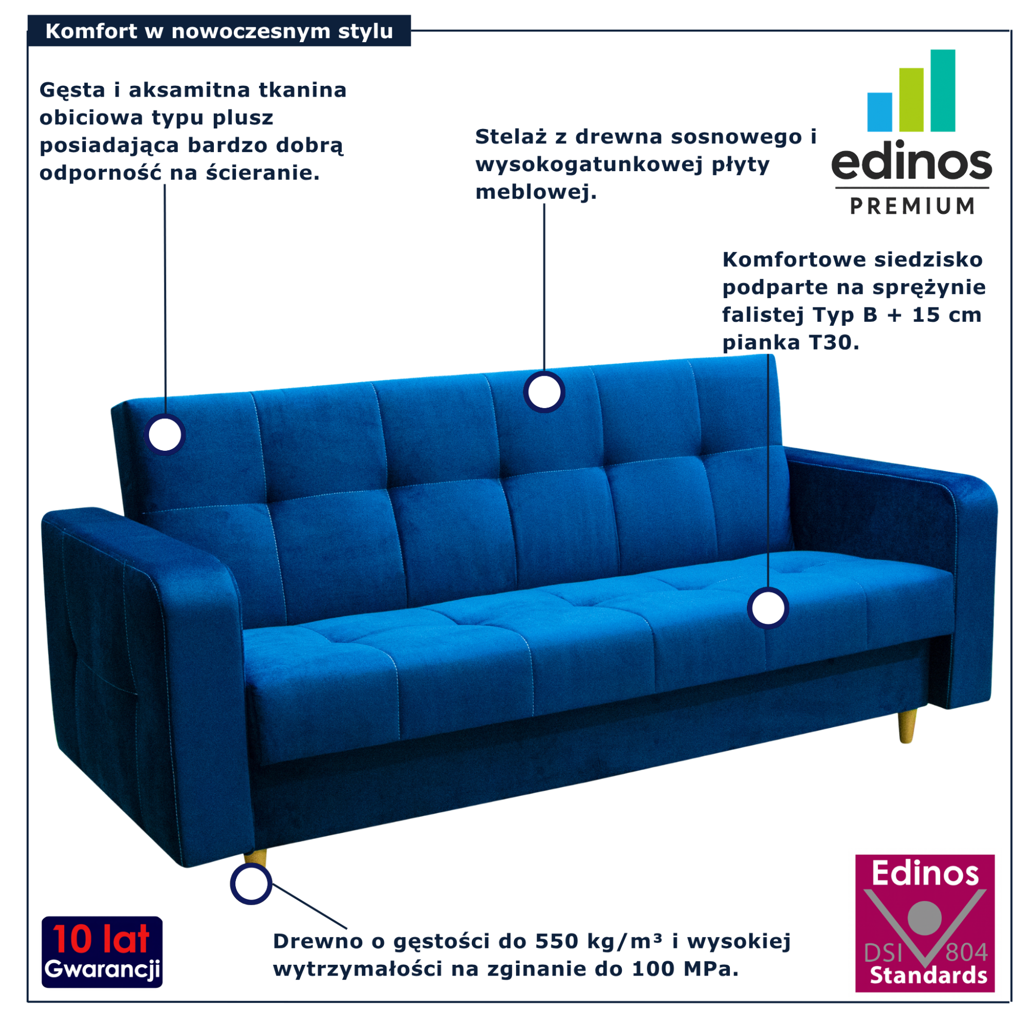 Niebieska pluszowa wersalka pikowana do salonu Pomiroz