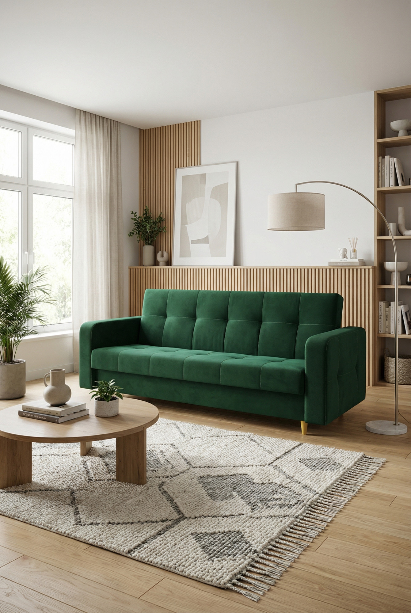 Salon z zieloną welurową wersalką Pomiroz