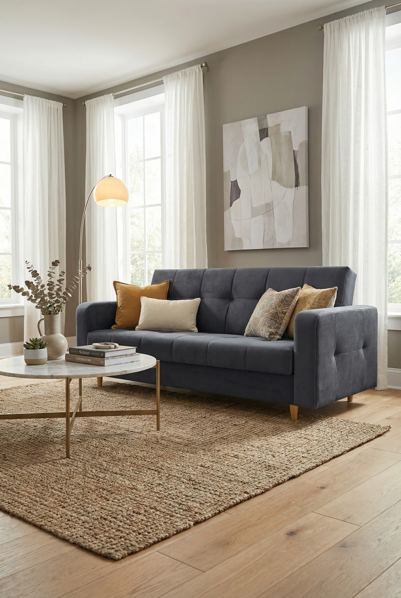 Welurowa szara wersalka Pomiroz w nowoczesnym salonie