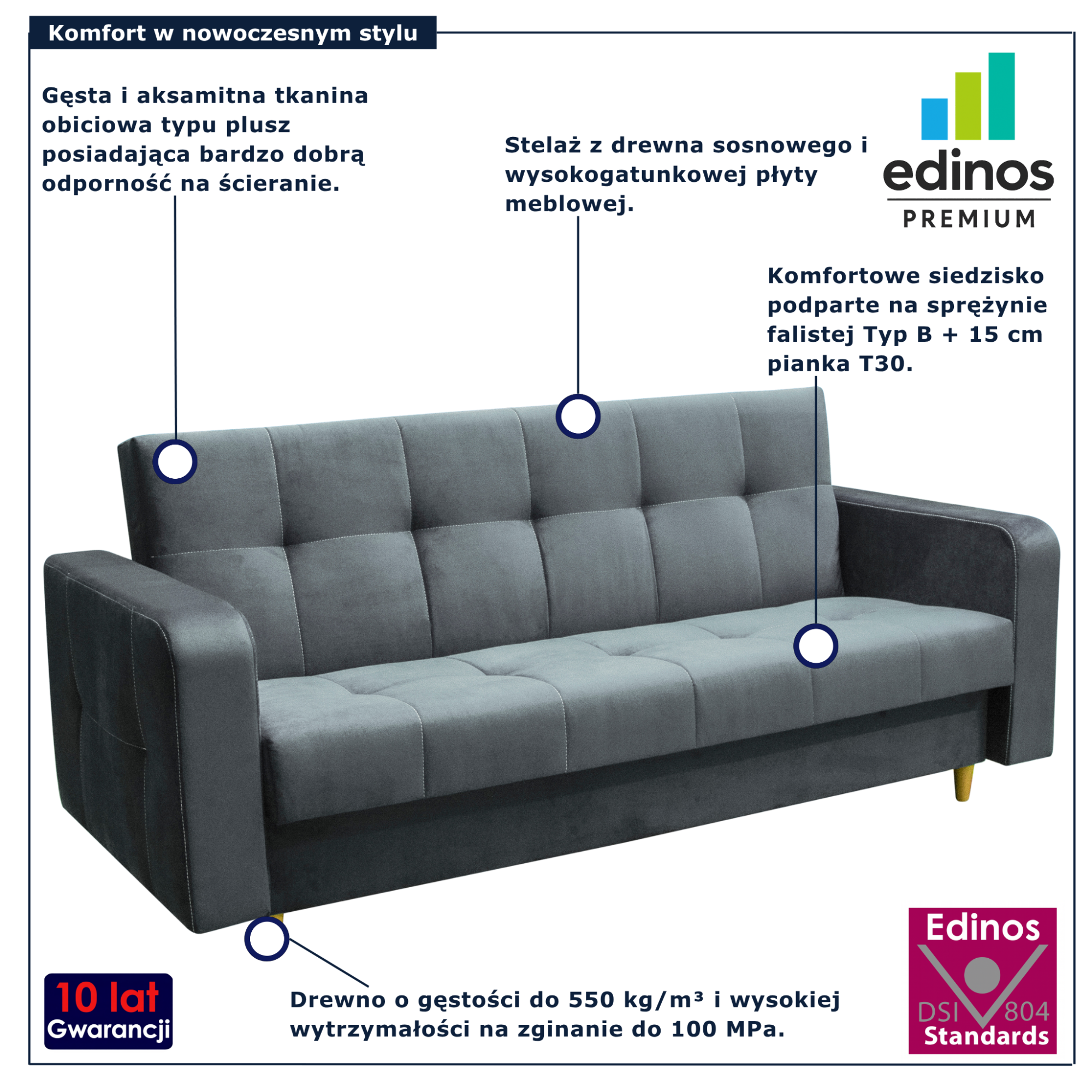 Szara wersalka pikowana welurowa Pomiroz