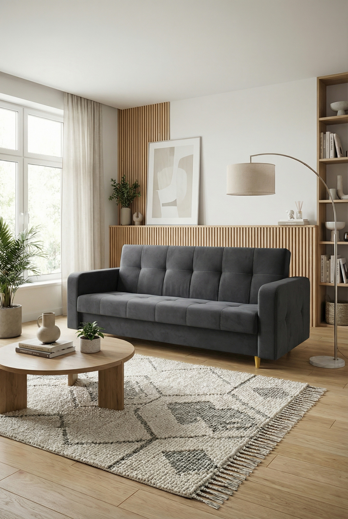 Przykładowa aranżacja z szarą wersalką Pomiroz