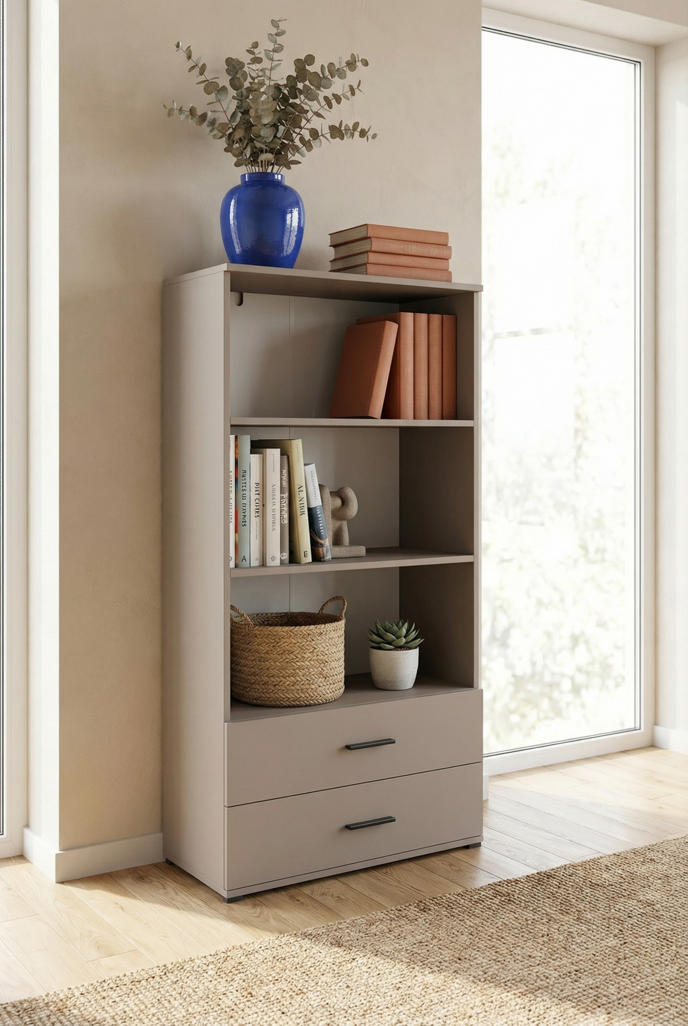 Aranżacja z regałem z szufladami Asendri 8X kaszmir