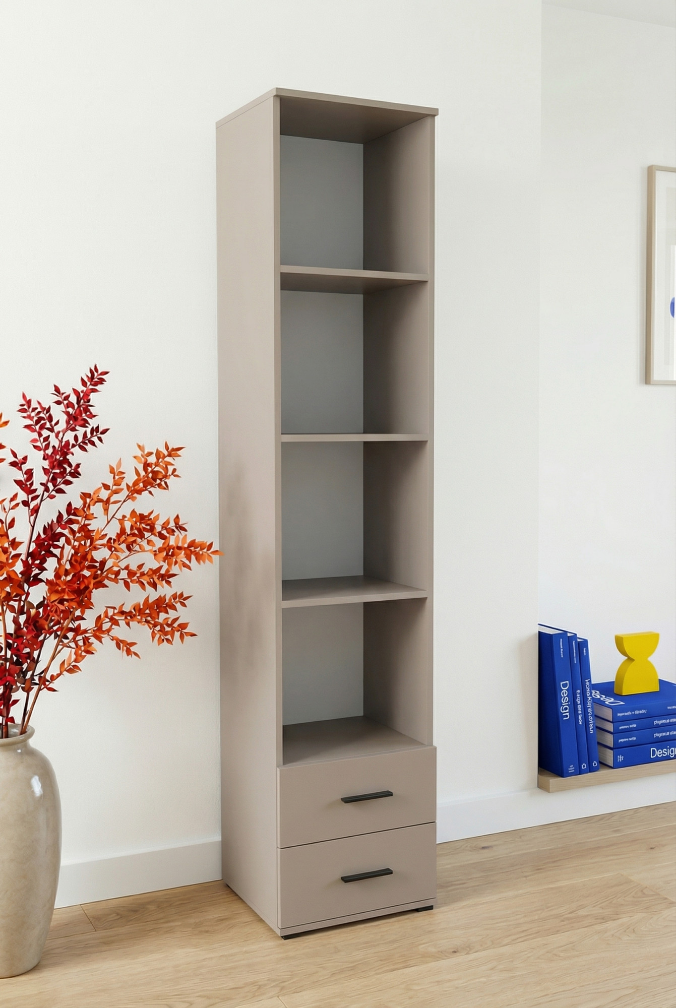 Wnętrze z wykorzystaniem regału słupek z 2 szufladami Asendri 9X kaszmir