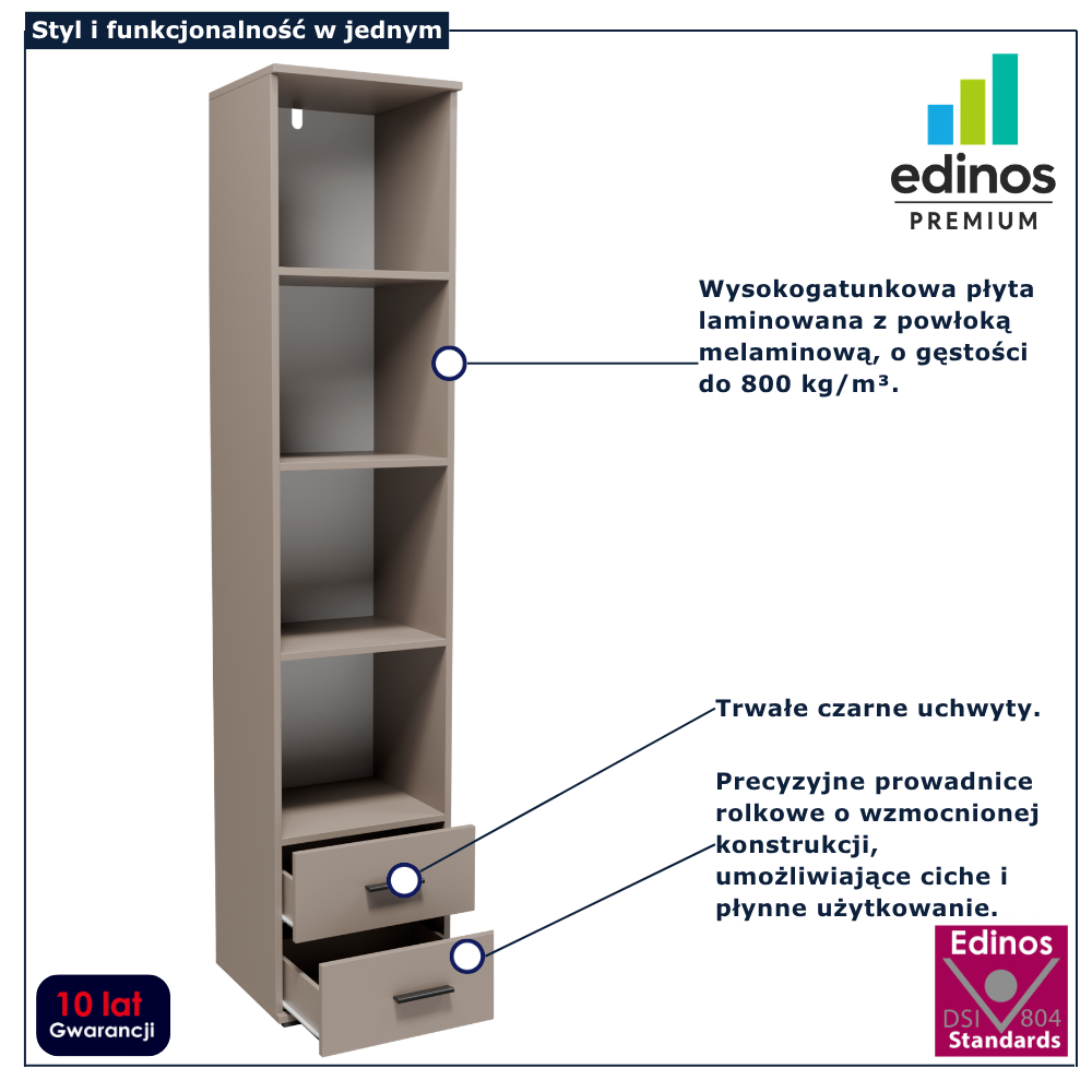 Wąski regał słupek z 2 szufladami Asendri 9X kaszmir