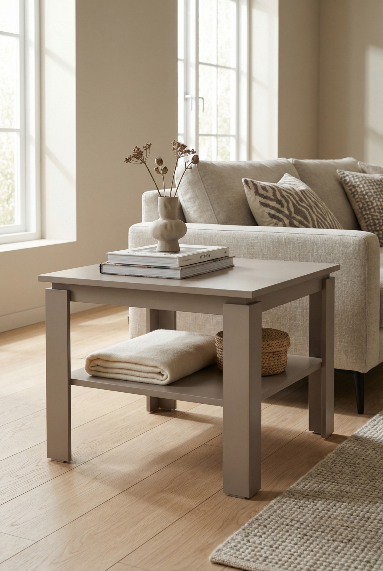 Wnętrze z wykorzystaniem stolika kawowego Asendri 11X kaszmir