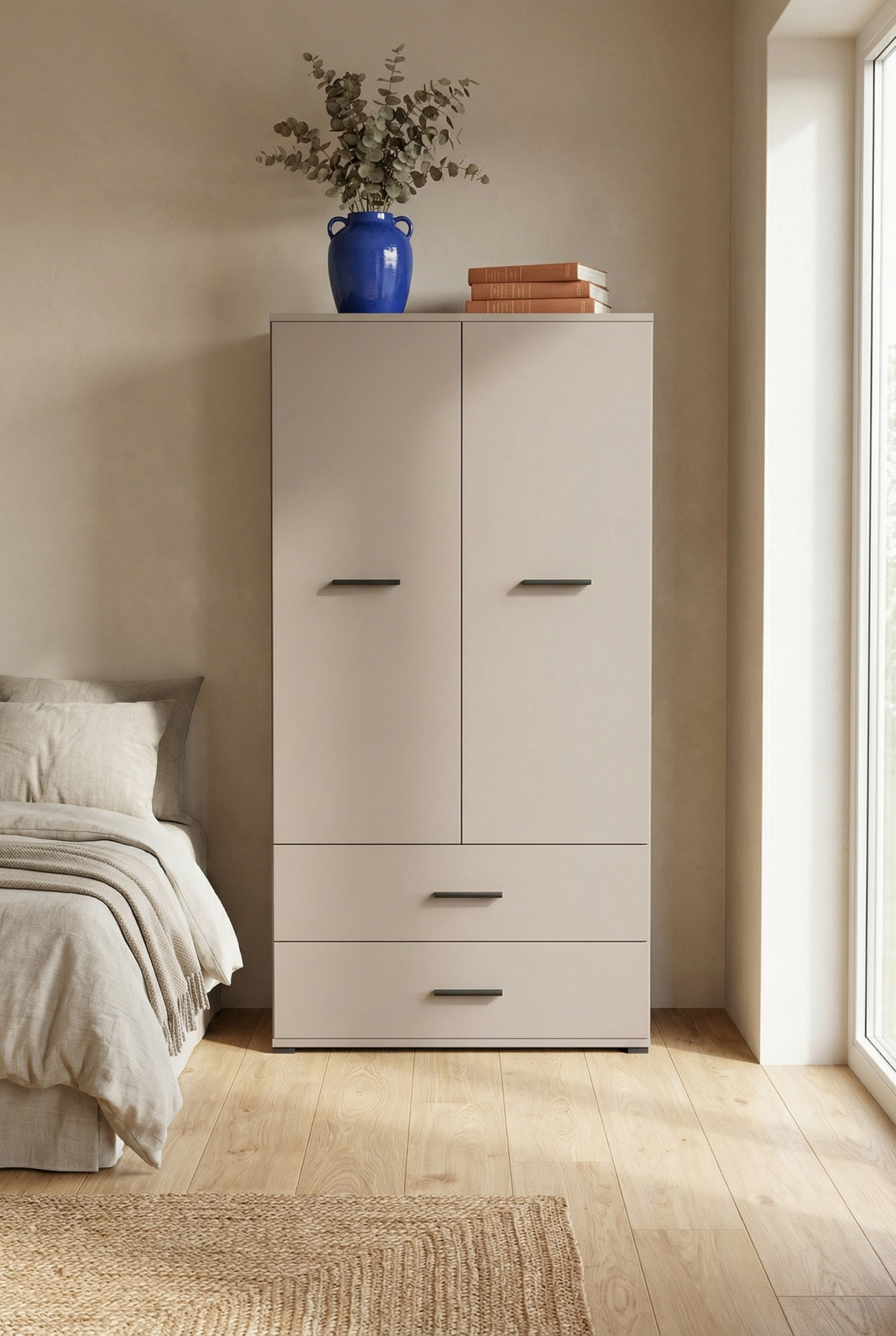 Aranżacja z szafą z półkami i szufladami Asendri 14X kaszmir