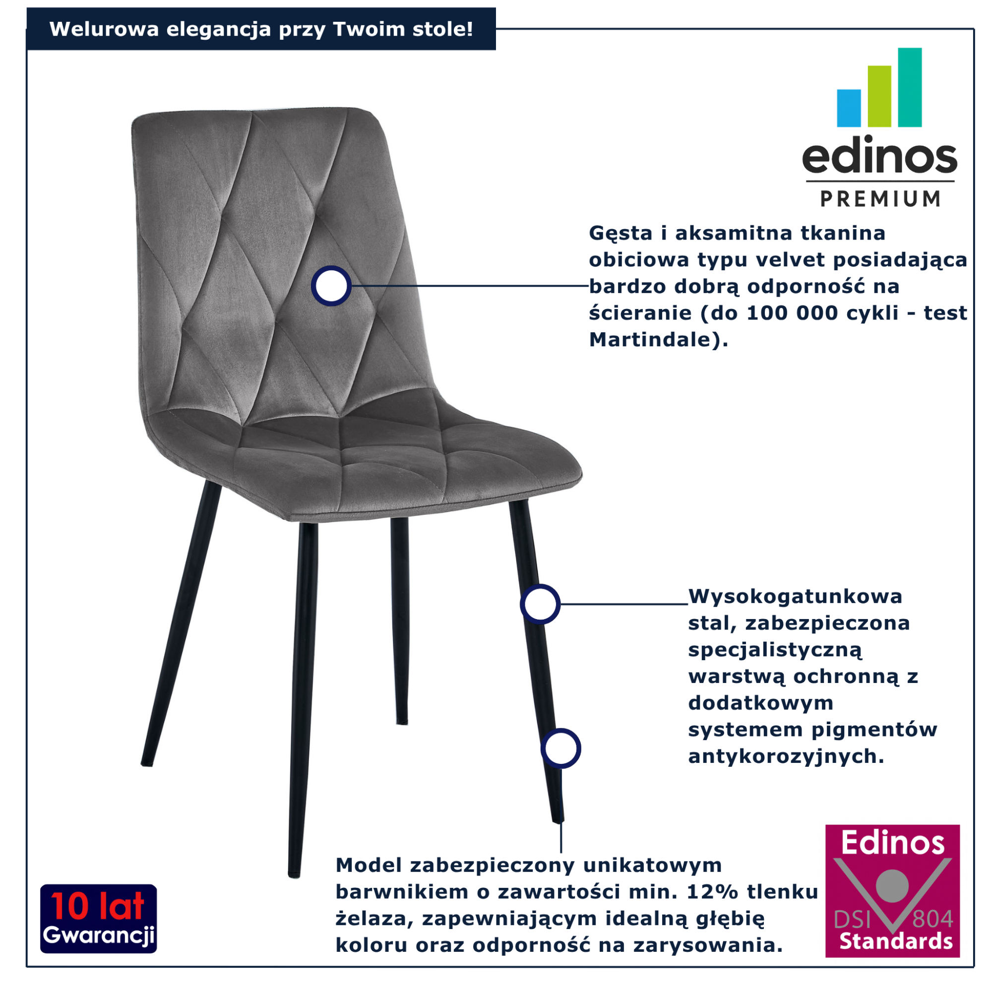 Ciemnoszare pikowane krzesło metalowe do jadalni Rexon