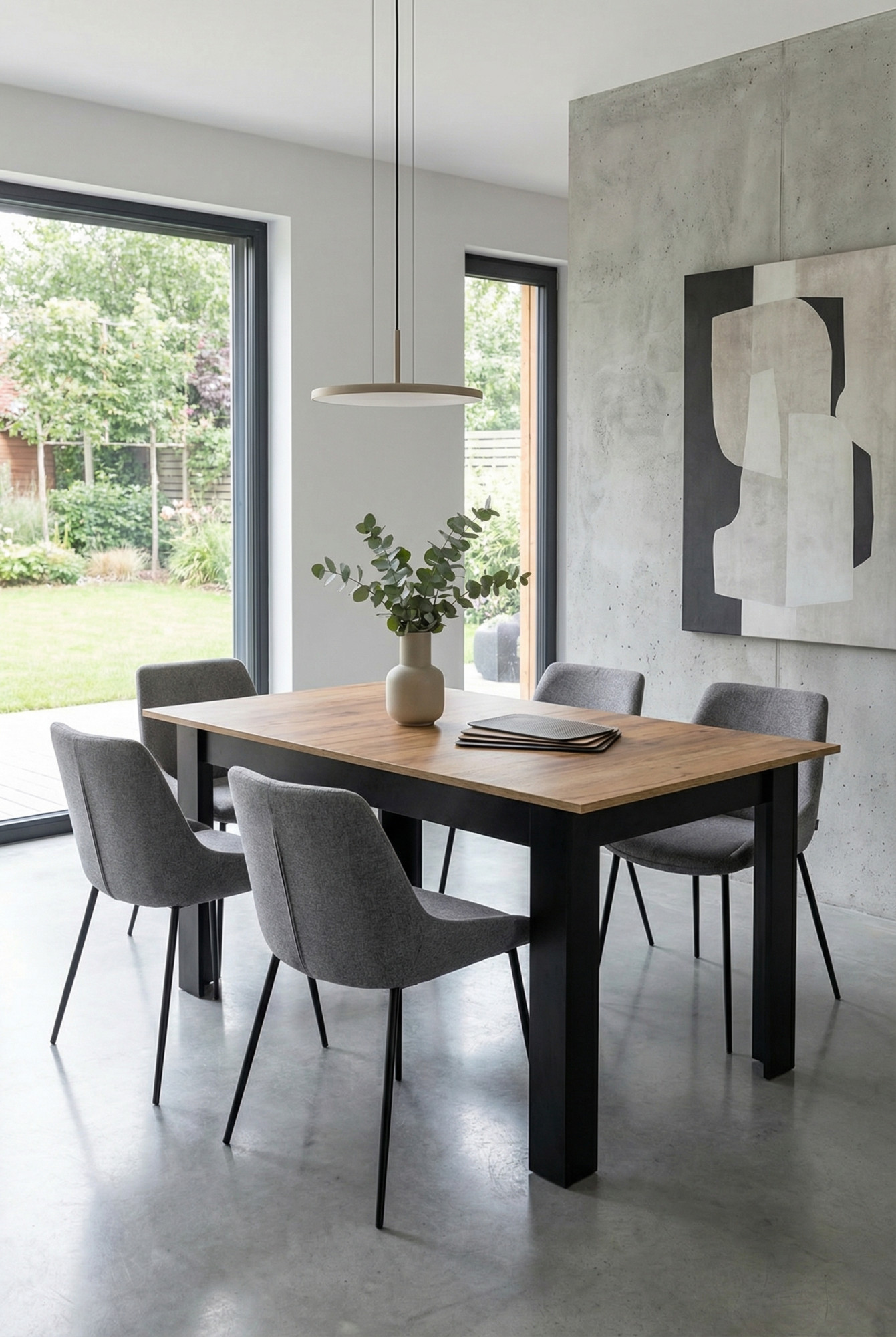 Wnętrze nowoczesne ze stołem Egasso dąb craft + czarny