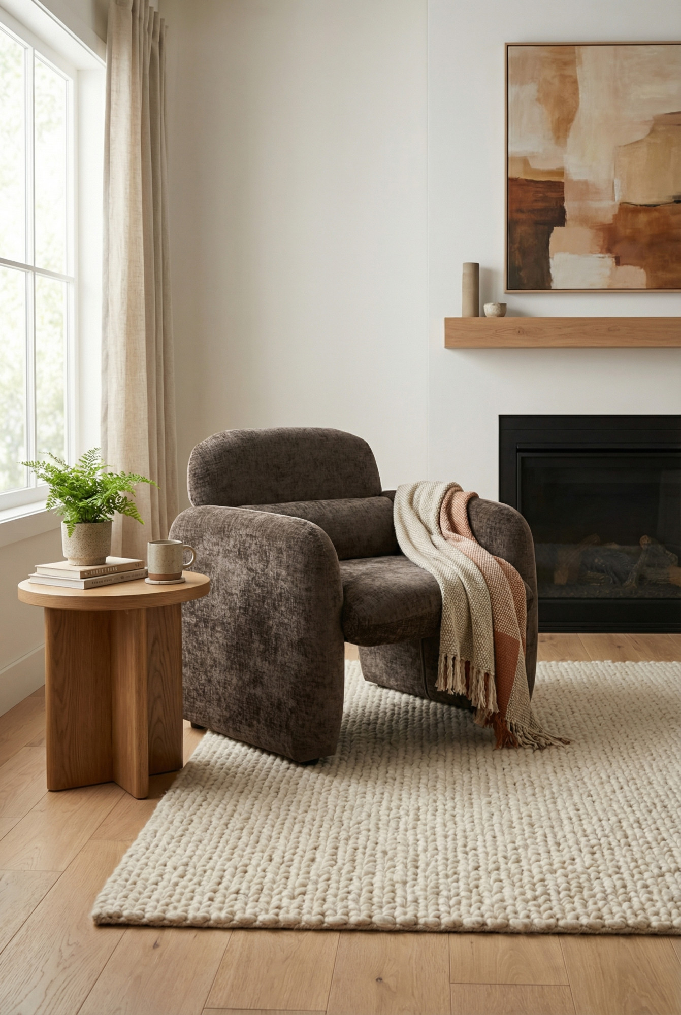 Salon z wykorzystaniem miękkiego brązowego fotela Etilion 3X