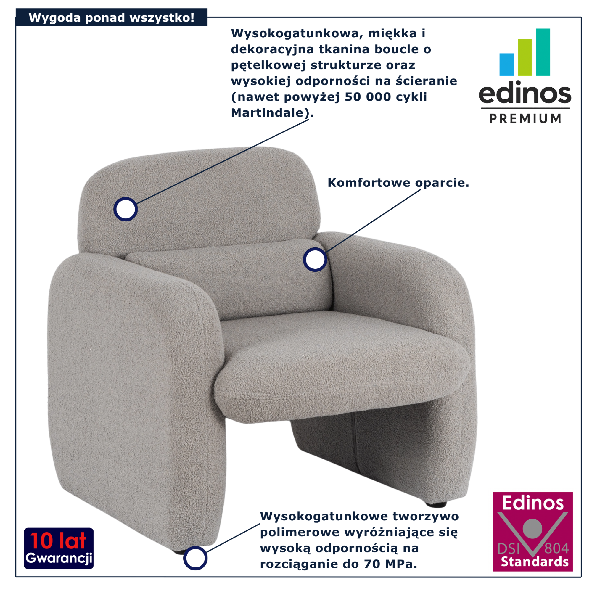 Szary fotel boucle do salonu nowoczesnego Etilion 5X