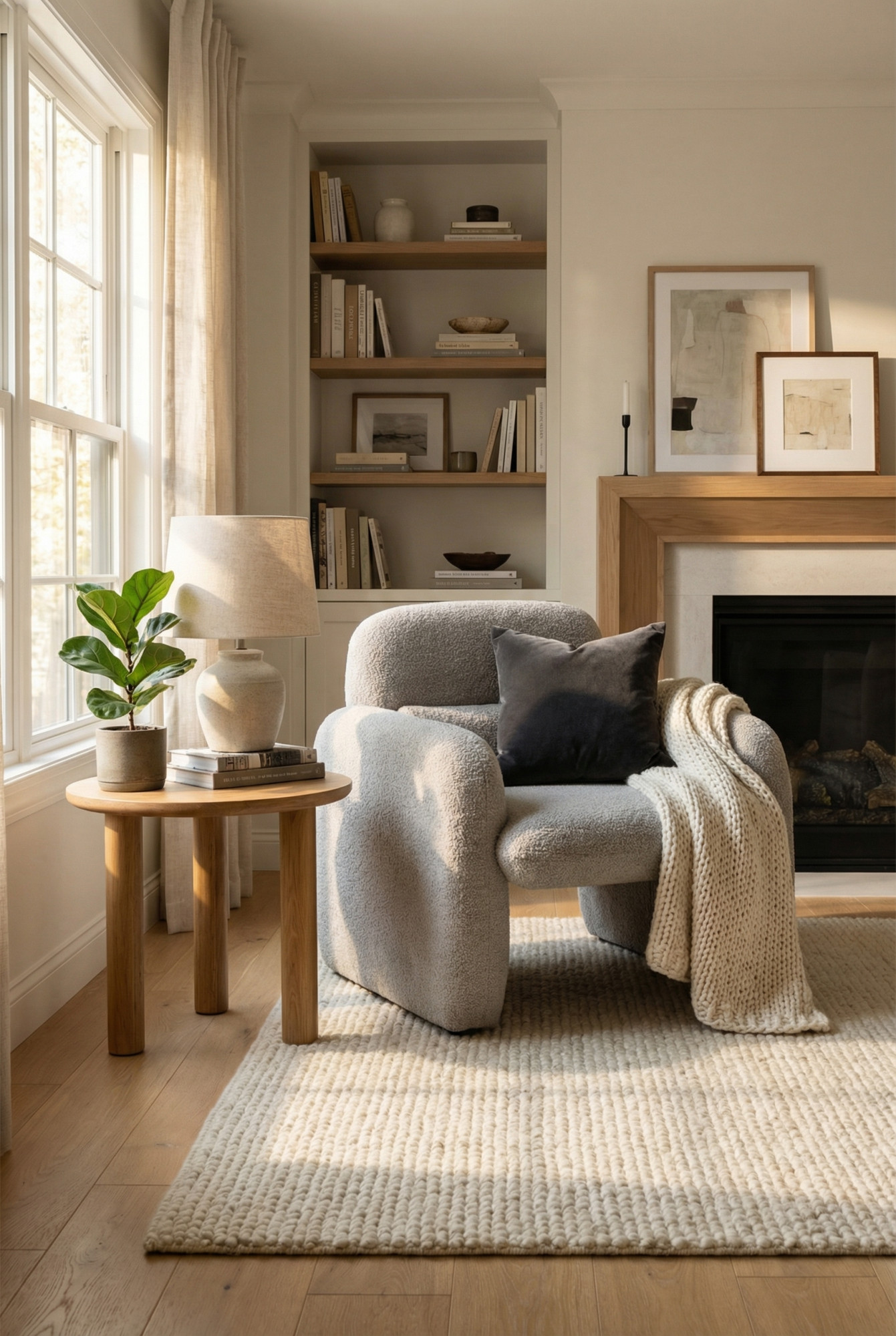 Przykładowa aranżacja z szarym fotelem boucle Etilion 5X