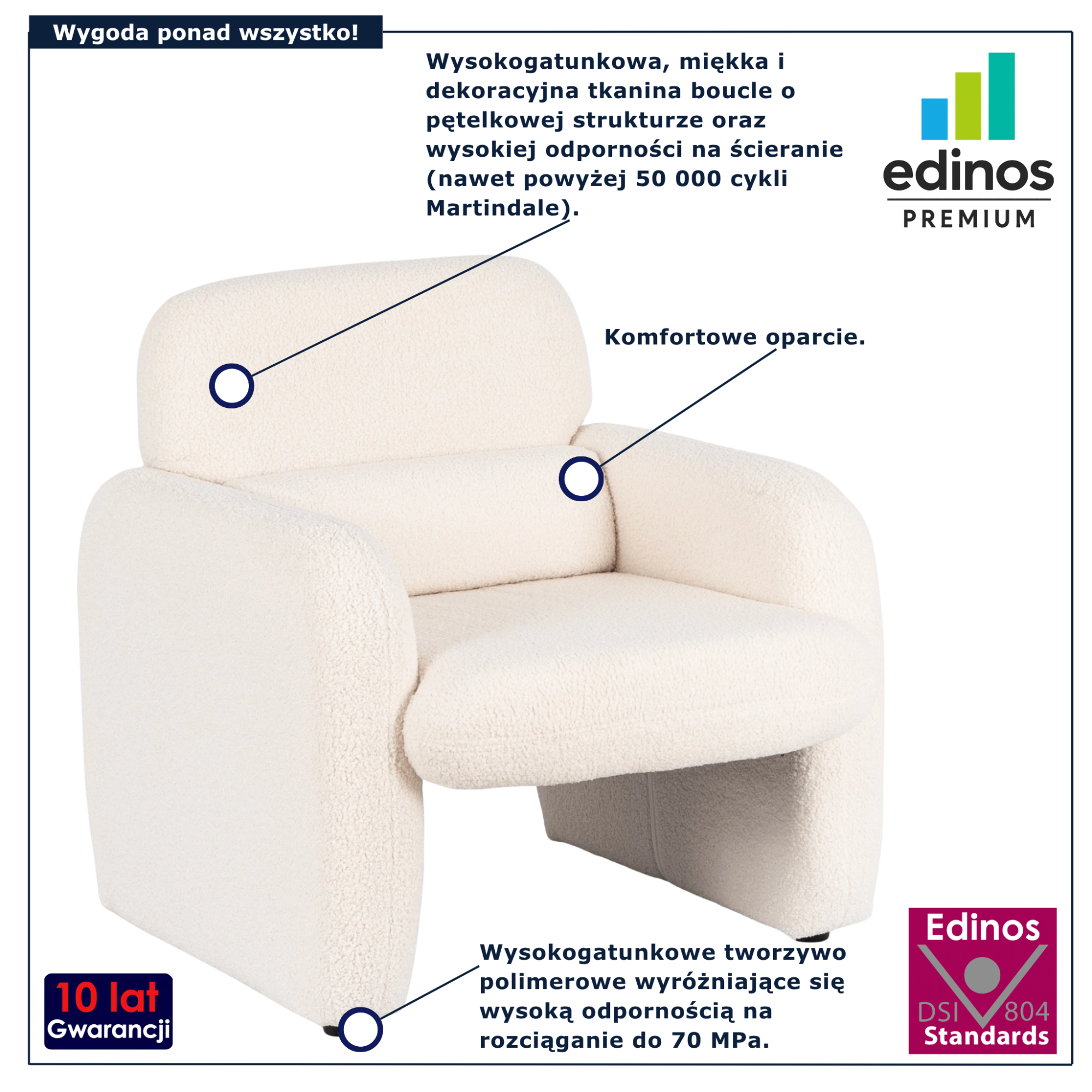 Kremowy fotel boucle do czytania Etilion 5X